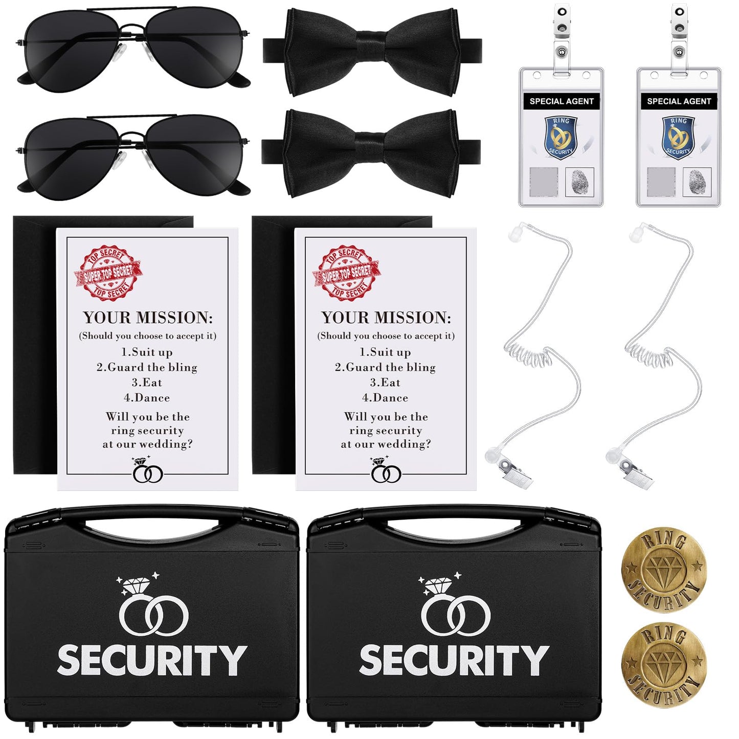 Aoriher Ring Wedding Bearer Security Set Include Ring Bearer Box Security Badge Sunglass Earpiece Bow Tie ID Badge Holder with ID Card Envelope Invitation Card for Proposal Gift(18 Pcs)