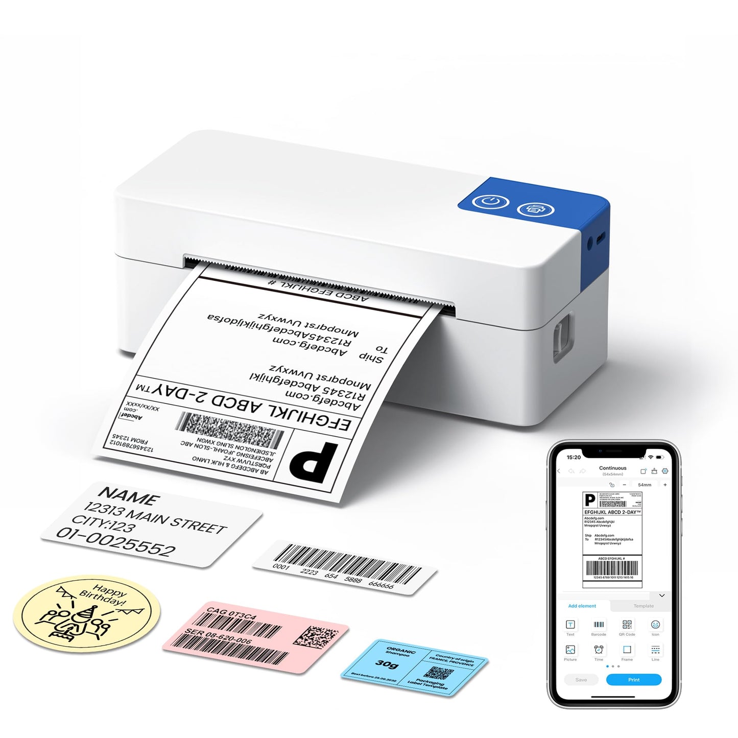 ETIKEZ Bluetooth Thermal Shipping Label Printer, 4x6 Portable Thermal Printer, Compatible with iPhone, Android, Windows and Mac, Works with USPS, UPS, Amazon, Shopify, Etsy (White), 1 Count