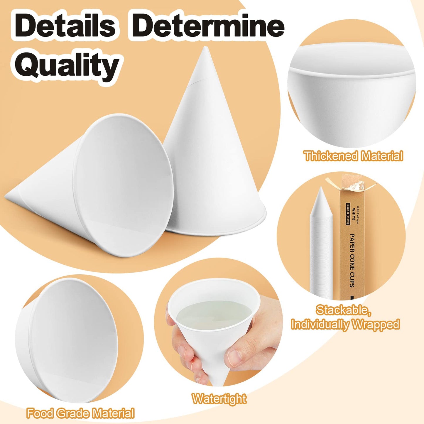 Roshtia 800 Pcs Paper Cone Cups Thicken Disposable Cone Cups for Shaved Ice, Slushies Water Cooler Dispenser, White (4 oz)