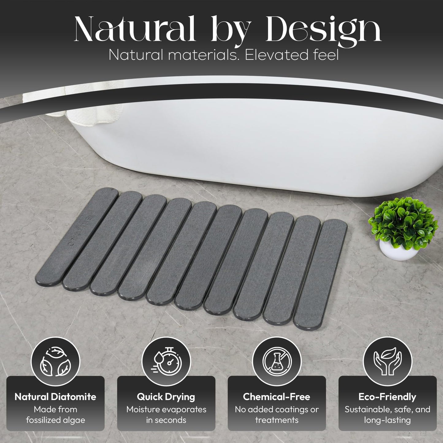 Extra Large Diatomaceous Stone Bath Mat (28" x 19") – Fast Drying, Super Absorbent, Non Slip – Foldable Spa Bathroom Mat – Modern Luxury Design – Mineral Grey – Orkvane