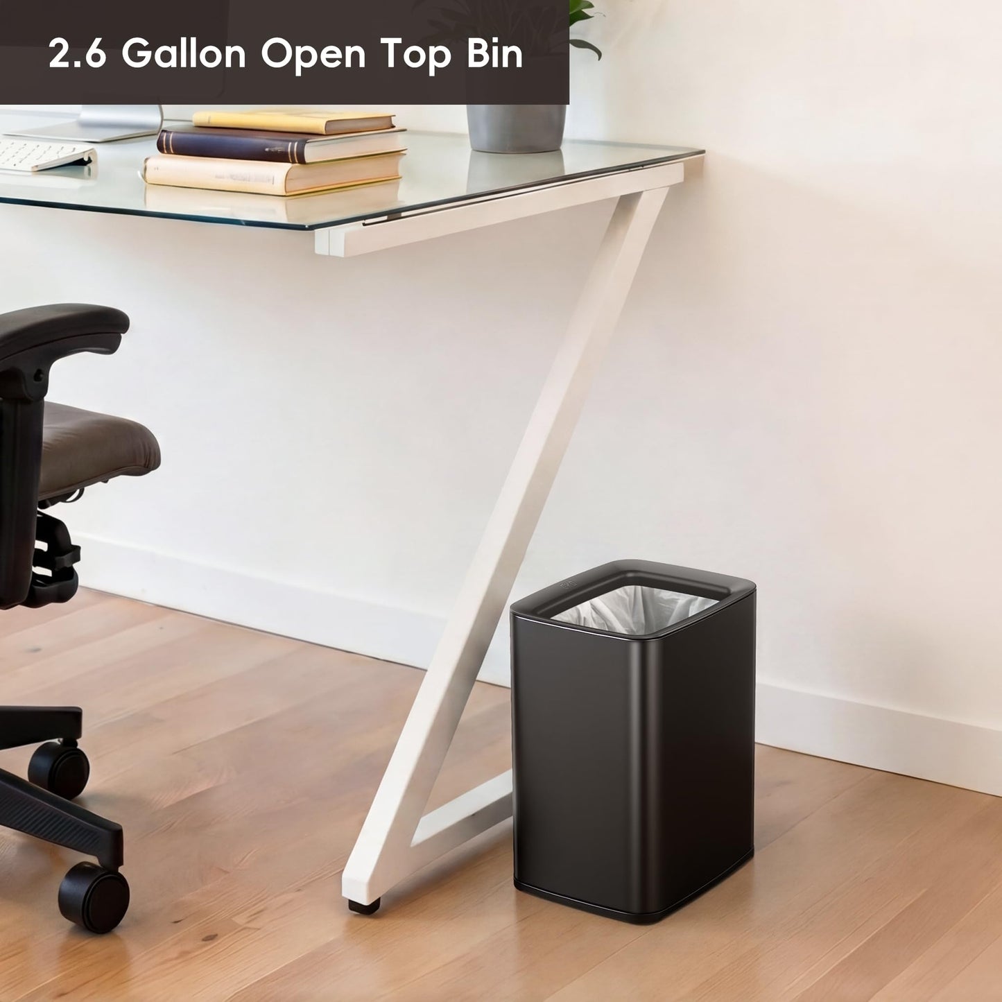 EKO Laguna 2.6 Gallon/10L Matte Black Stainless Steel Open Top Trash Can with Removable Inner Basket - Modern Bathroom & Office Waste Bin