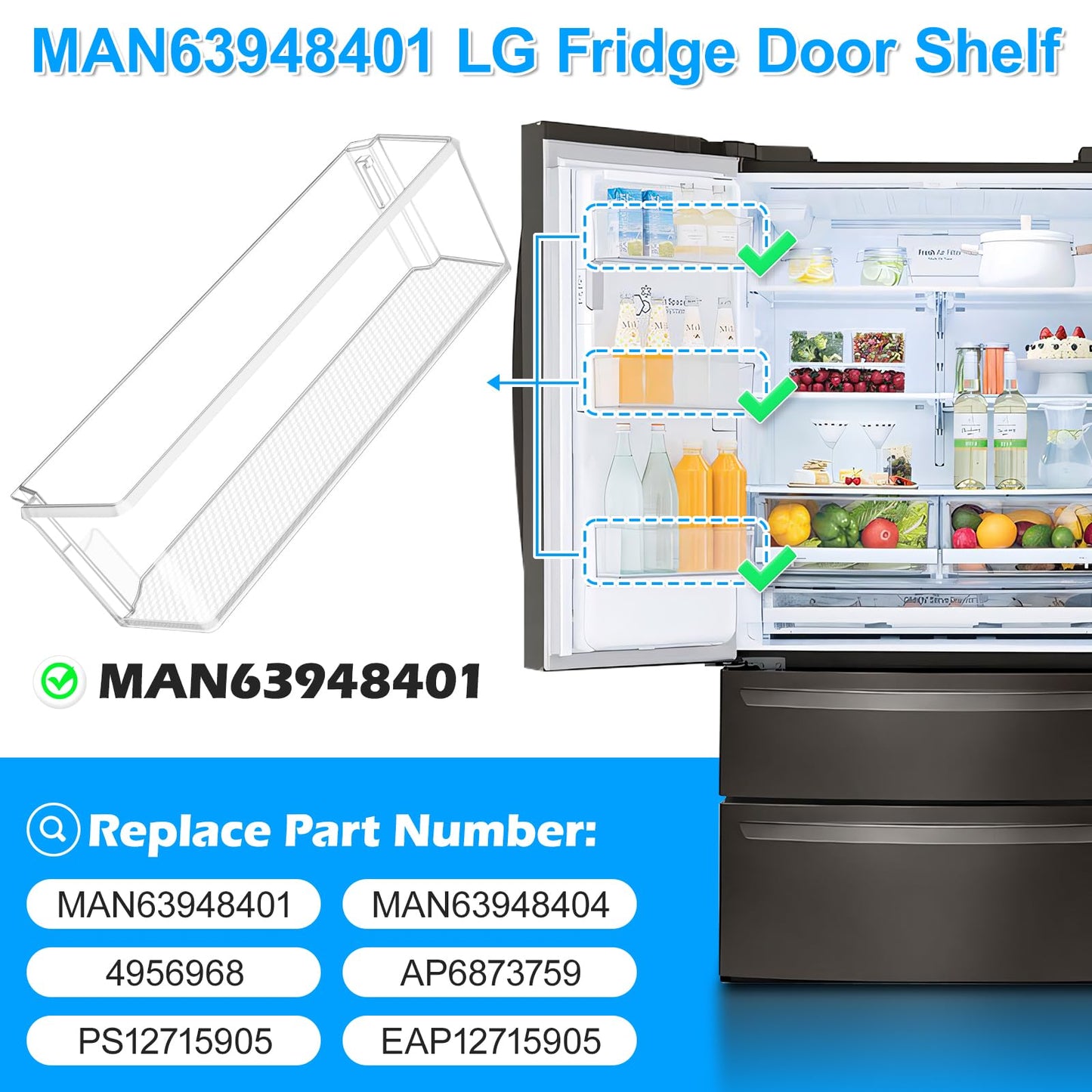 Upgraded MAN63948401 Refrigerator Door Bin Compatible with Kenmore LG Refrigerator Door Shelf Parts MAN63948404 MAN63948402 LG Fridge Shelf Replacement LMXS28626S LFXS26973S LFXC22526S Left Shelves