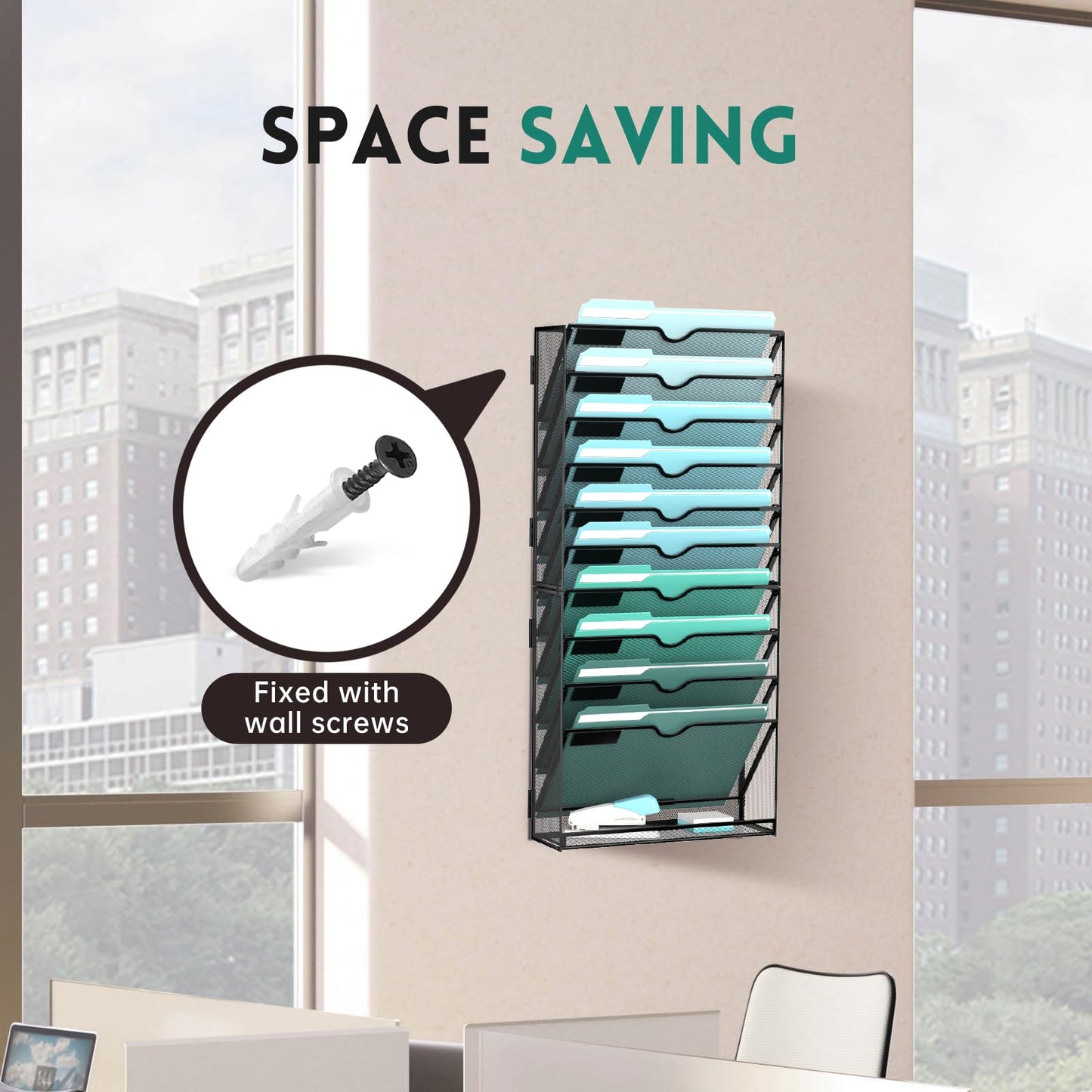 SUPEASY 11-Tier Wall File Organizer, Hanging Wall Files for Papers, Folders, Magazines, Wall Organizer for Clipboard, Assembly Needed, Black
