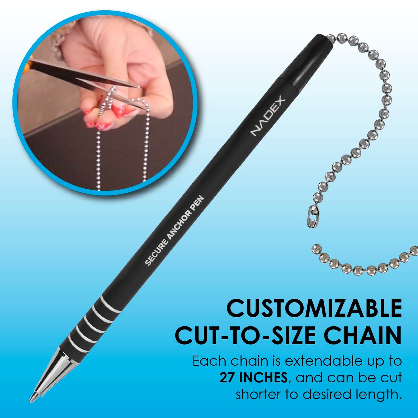 Nadex Ball and Chain Security Pen Set | 12 Pens, 12 Adhesive Mounts, and 12 Refills (Black)