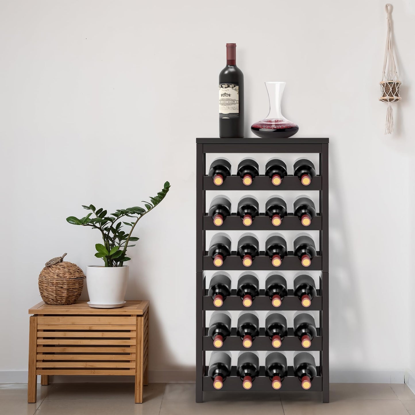 WRONWA 24 Botttle Wine Rack Freestanding Floor, 6 Tier Wine Rack Shelf with Table Top, Bamboo Wine Rack, Wine Storage Shelves Kitchen Bar Dining Room Living Room - Dark Brown
