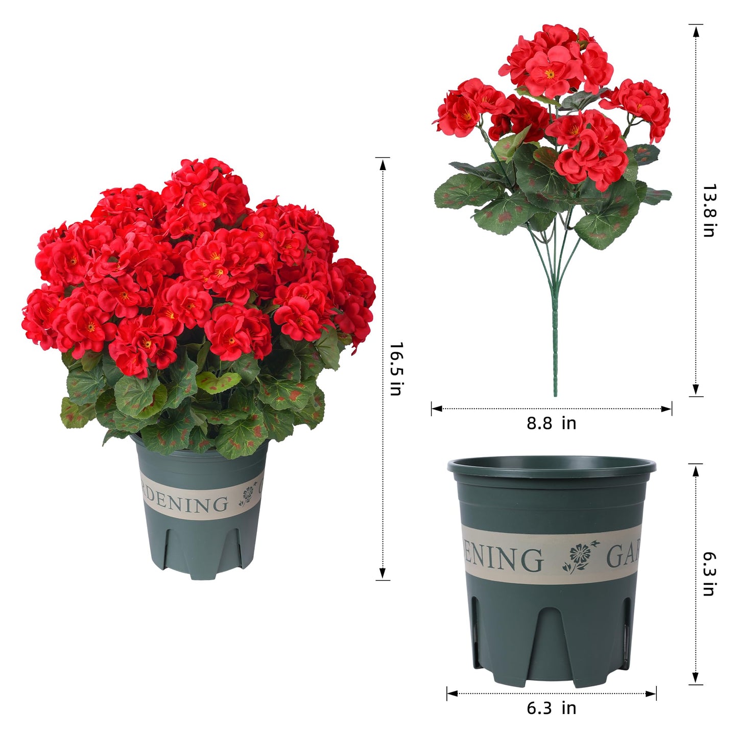 Geraniums Artificial Flowers for Outdoors, 2 Pack Potted Plants Red Faux Geraniums Bush Artificial Topiaries Realistic UV Resistant Fake Flowers Plants for Planters Outside Gardens Front Door Indoor