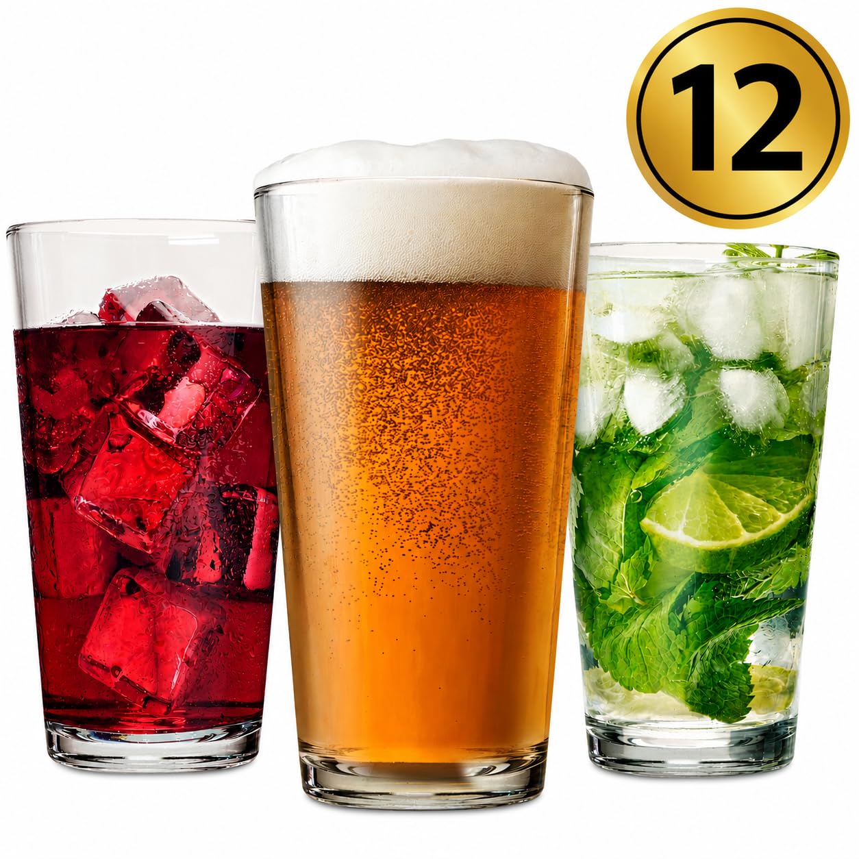 Drinking Glasses Set of 12-16 oz Glass Cups - Pint & Beer Glasses - Dishwasher Safe Water Glasses - Highball Tumblers
