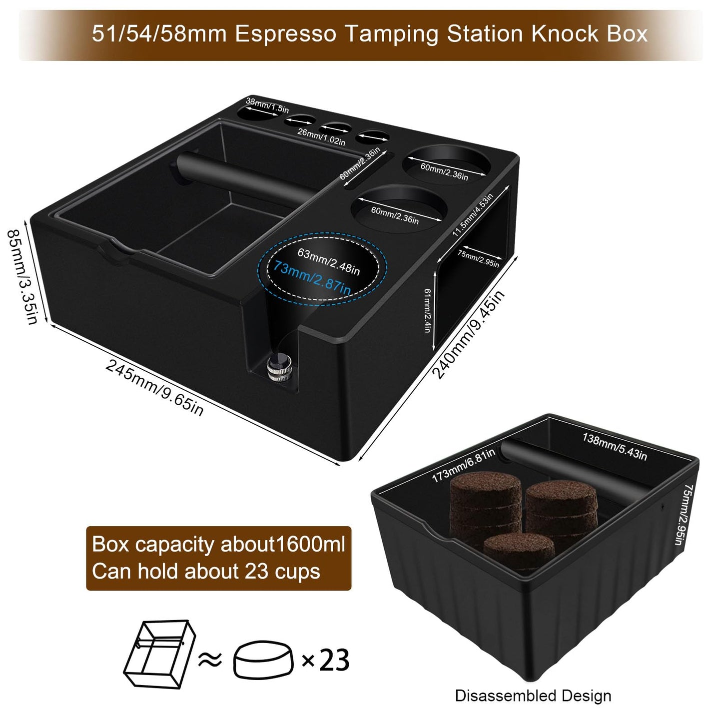 Espresso Tamping Station And Knock Box,ALL in 1 Espresso Organizer Station,Multifunctional Tamper Station Fit for 51/54/ 58mm Espresso Accessories,Removable Knock Box Espresso Station (Black, 51-58mm)