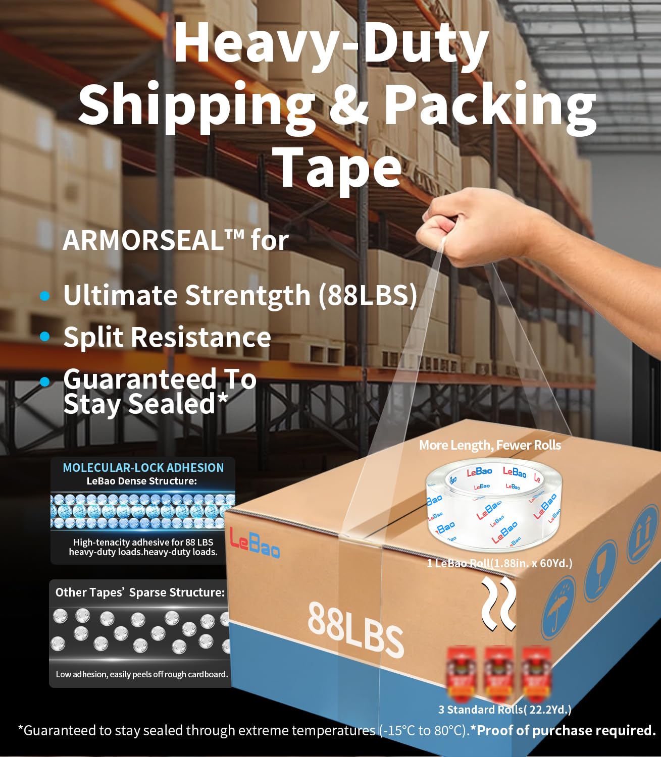 LeBao Clear Heavy Duty Shipping Packing Tape with Metal Dispenser, 12 Rolls 2.7 Mil Thick Ultra Strong Packaging Tape Refills Extreme Grip for Moving, Packaging, Storage Boxes Sealing 1.88 in x 60 Yds