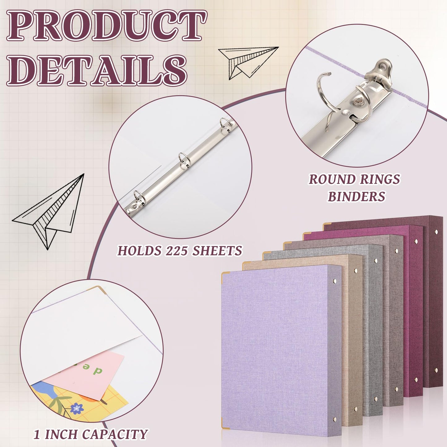 Fulmoon 6 Pcs Aesthetic 3 Ring Binders with Linen Cover 1 Inch Round Rings Binder with Inner Pocket 8.5" x 11" Binder Fits Letter Sized Durable for School Office and Home (Lavender)