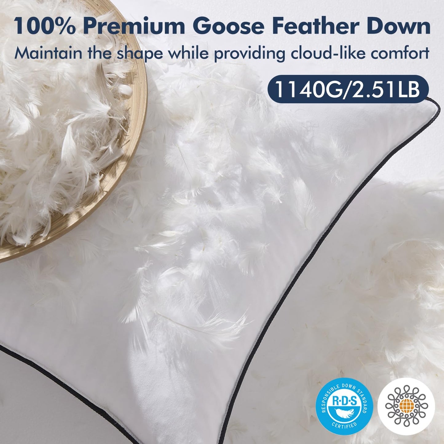 MIULEE Goose Feather Down 20x20 Pillow Insert Set of 2 with 100% Down-Proof Cotton Cover, Soft Fluffy Decorative Pillow for Sofa Bed Couch Living Room White