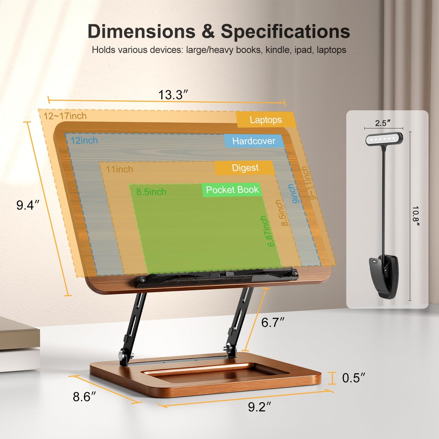 OPTIXCELL Book Stand for Reading with Light, Book Holders for Reading Hands Free, Adjustable Height & Angle, Fits Cookbook Recipe, Textbook, Foldable for Kitchen, Office, School,Gift for Book Lovers