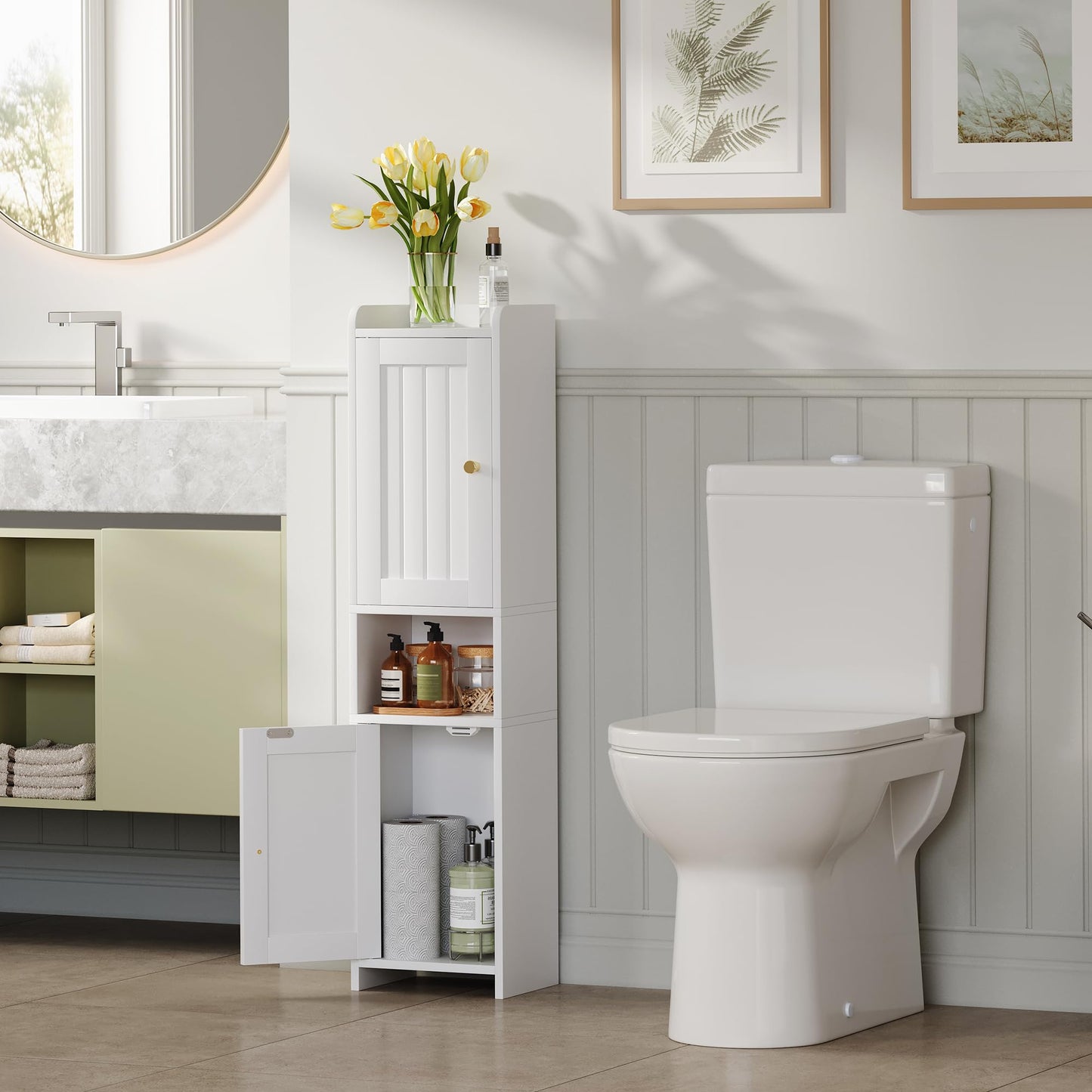 GLANZALANT Bathroom Cabinet with 2 Doors, 7.3 x 9.8 x 40.4 Inches, Small Freestanding Storage Cabinet with Adjustable Shelf, Floor Cabinet for Small Spaces, Bathroom, Entrances, Kitchen, White