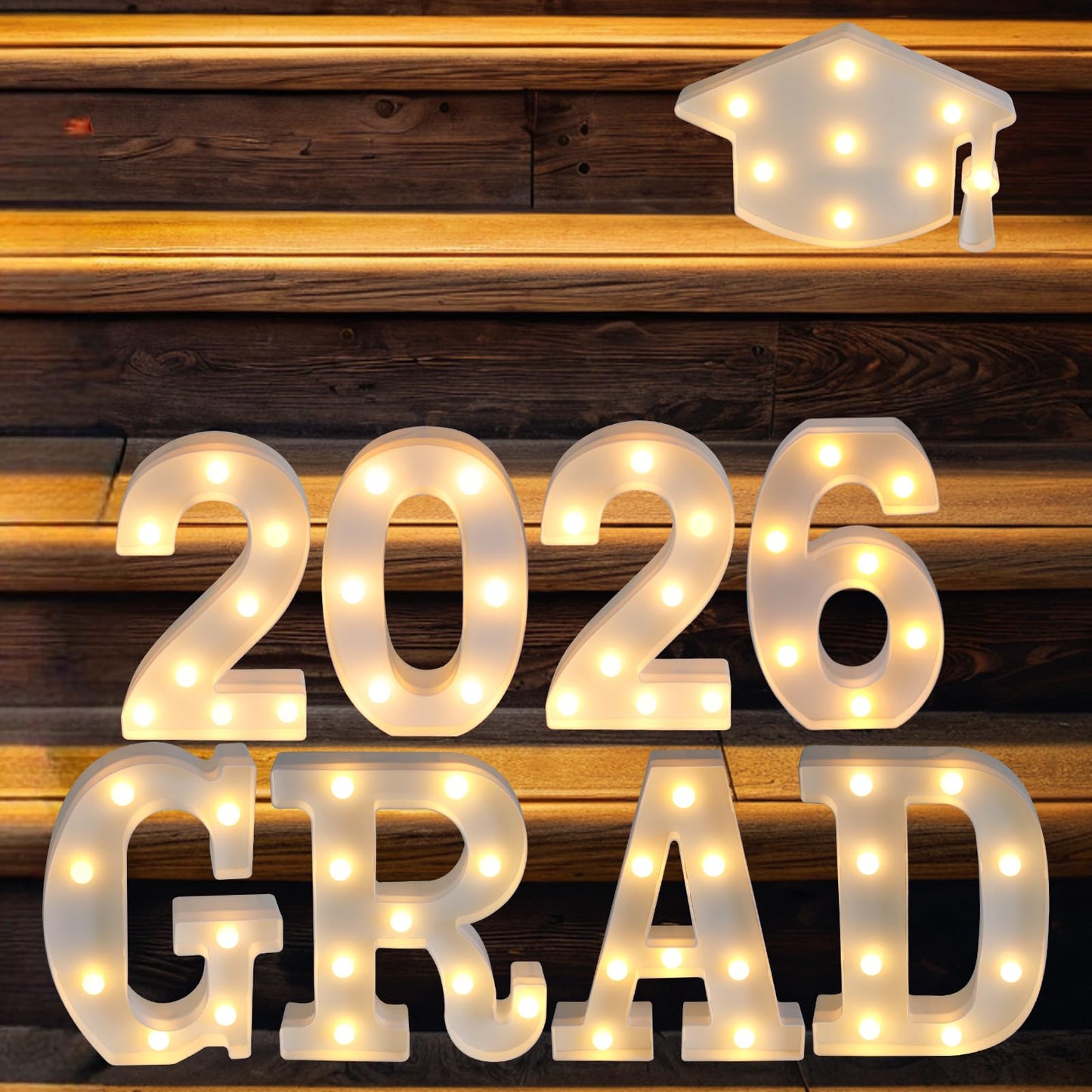 Graduation Party Decorations 2026, 8 LED Long Marquee Light Up Letters 'Grad 2026' and 1 'Doctorial hat' - Graduation Party Decor for Preschool High School College