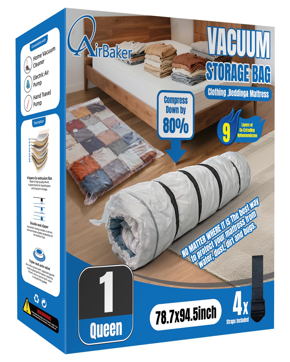 AirBaker Mattress Vacuum Bag for Moving,Mattress Vacuum Seal Bag with Straps, Heavy Duty Mattress Storage Bag(1 Queen/Full/Full-XL)