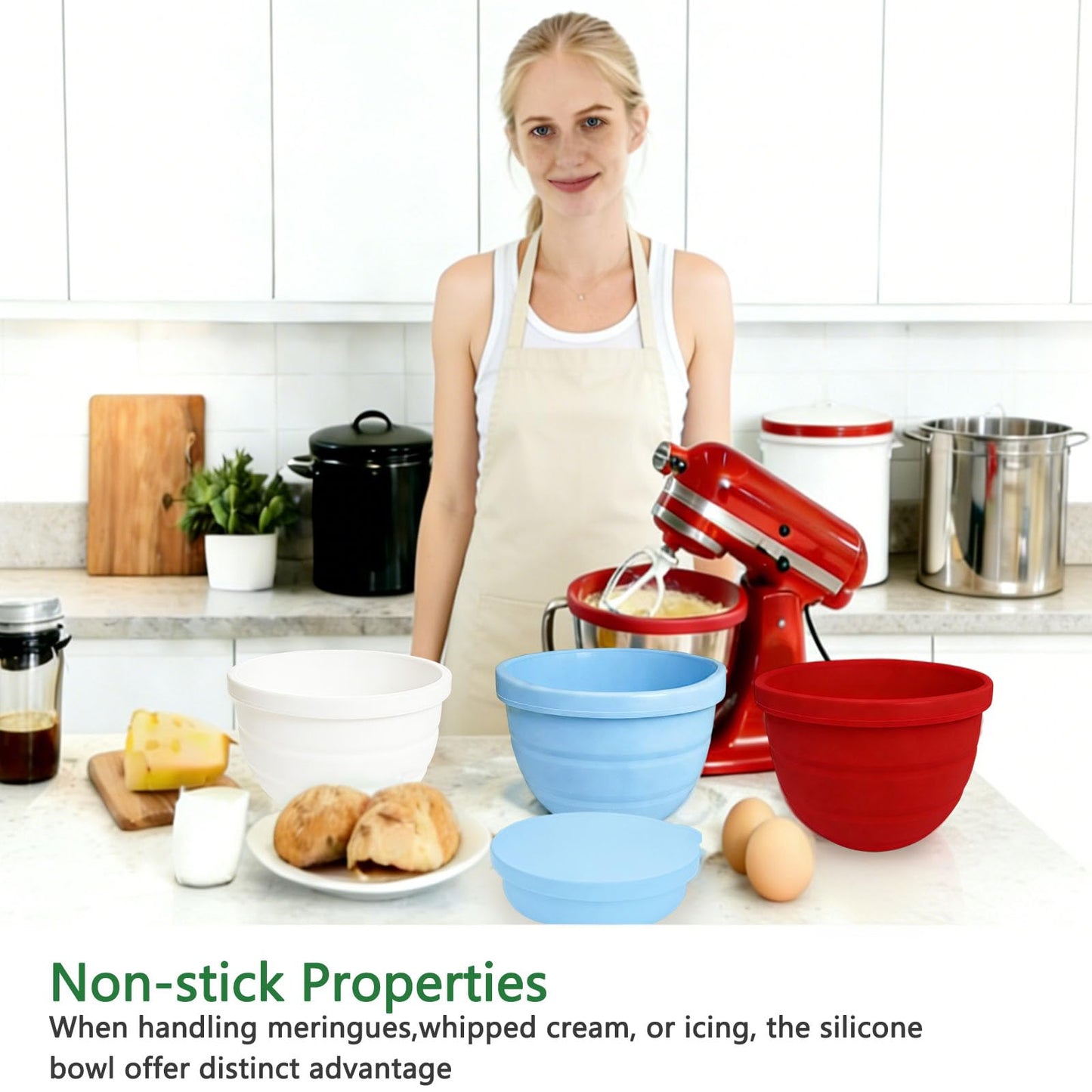 Upgraded Collapsible Silicone Bowl Liners for 5 Qt KitchenAid Tilt-Head Stand Mixer - 3 Liners with Airtight Lids, Heat-Resistant Mixer Accessories (3Pcs)