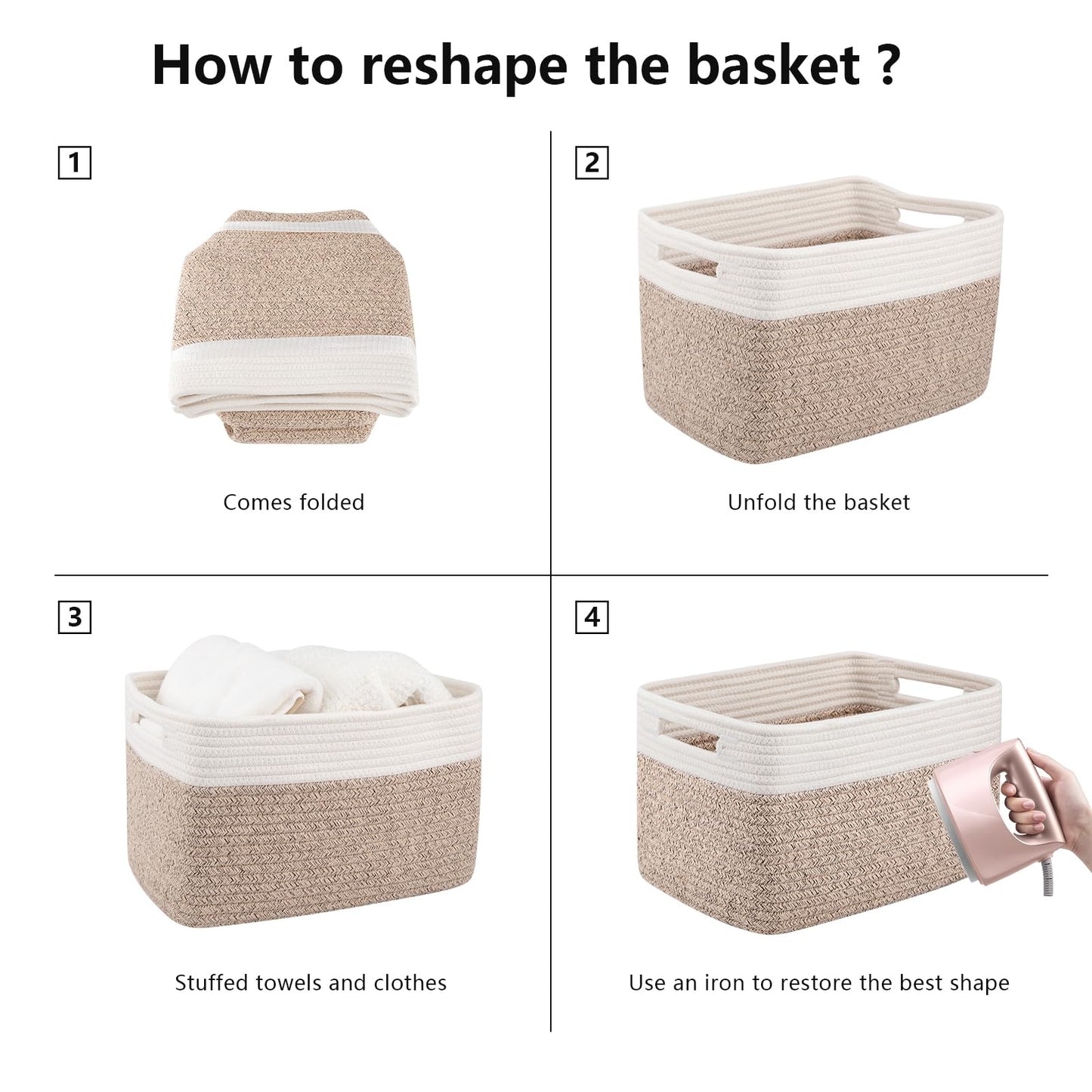OIAHOMY 4 Pack Storage Baskets for Organizing, Basket for Shelves with Handle, Woven Baskets for Storage Toys, Towels, Books, Cotton Rope Basket 13" L x 9 " W x 7.8 " H, Brown & White