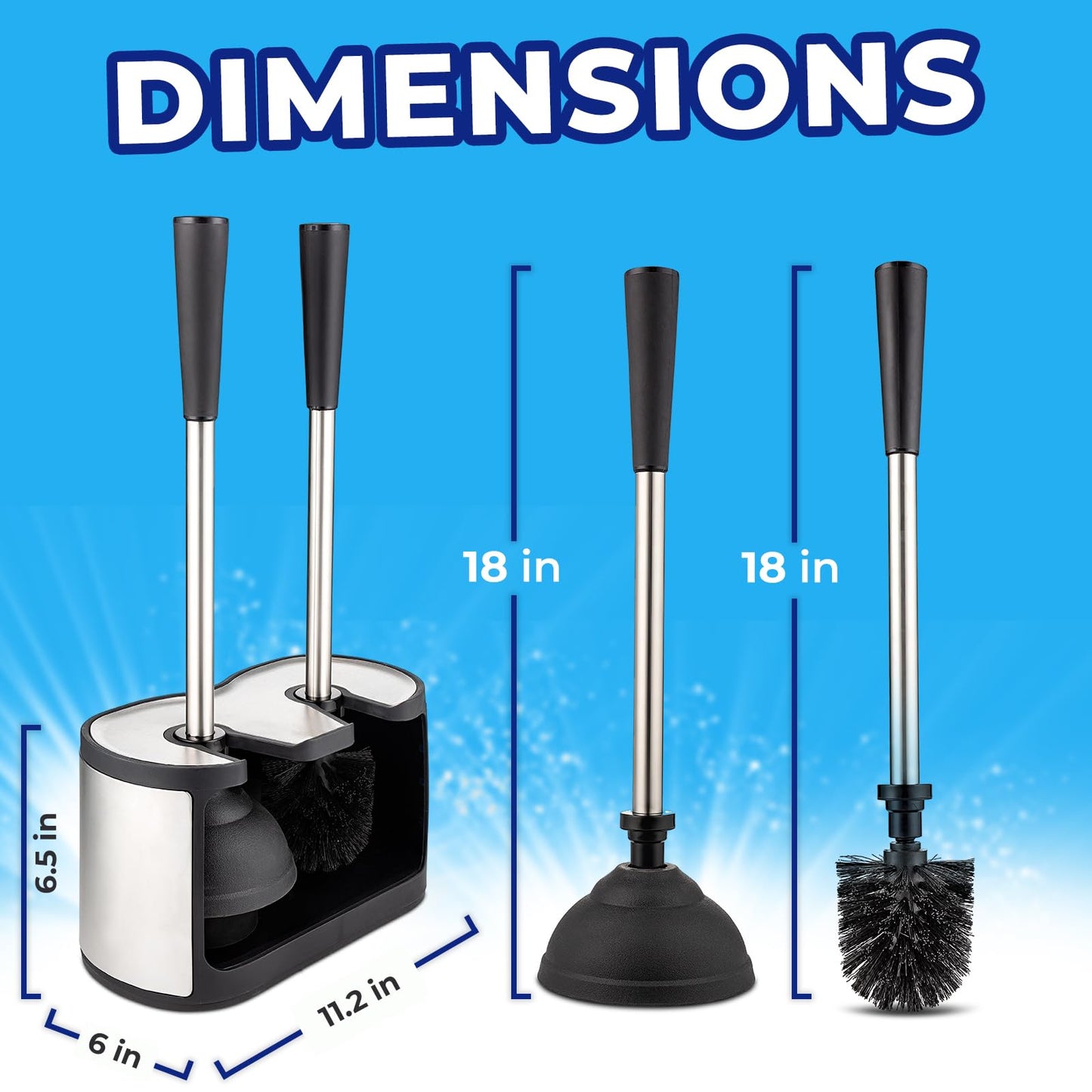 UMIEN Toilet Brush and Plunger Set 18-in - Updated 2025 No-Rust - Stainless Steel Design - Long Handles - with Freestanding Canister