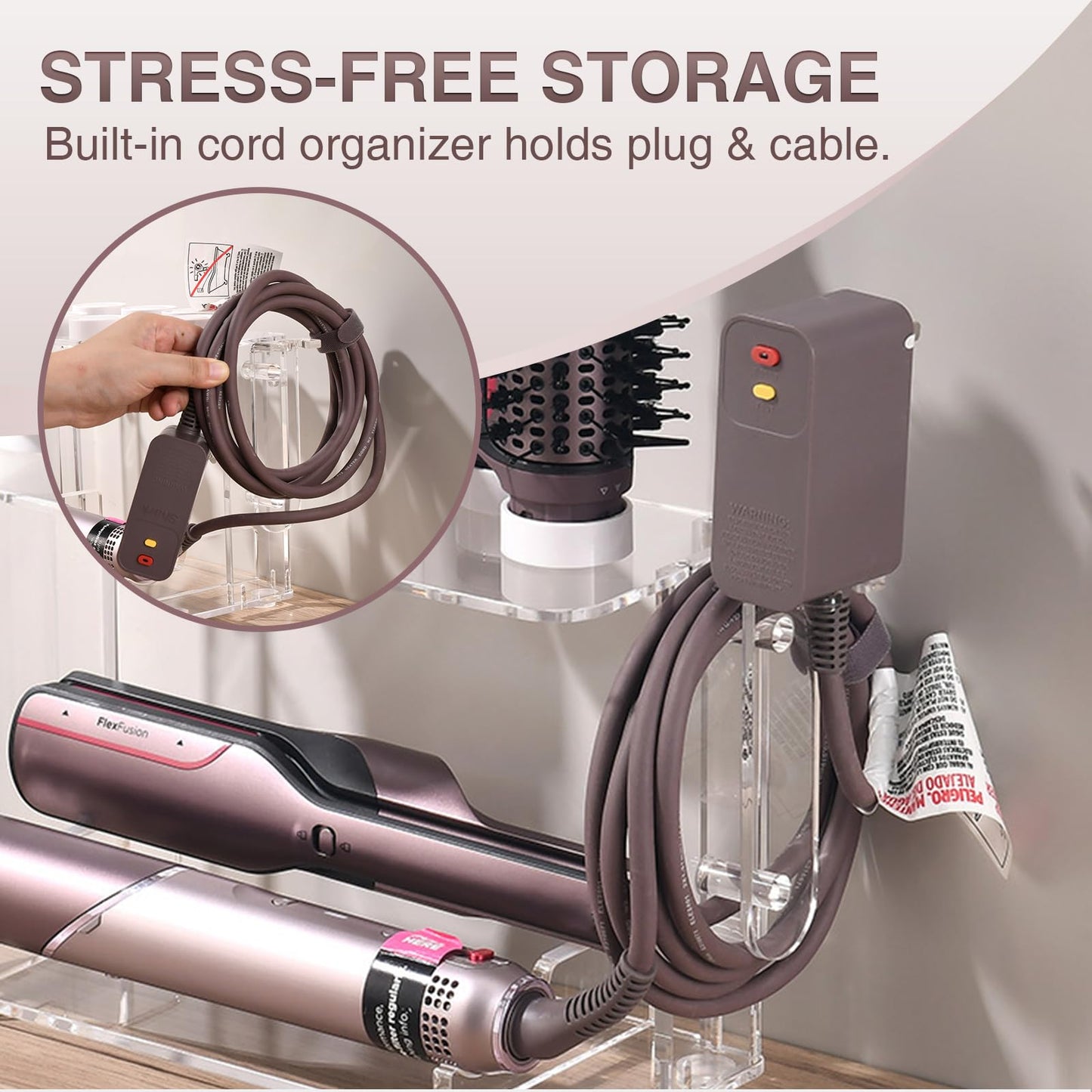 HAVICATO Hair Tool Holder for Dyson Airwrap Attachments, Storage Holder Compatible with Shark FlexStyle FlexFusion, Acrylic Display Rack Countertop Organizer Wall Mount for Hair Stylers, Clear&White