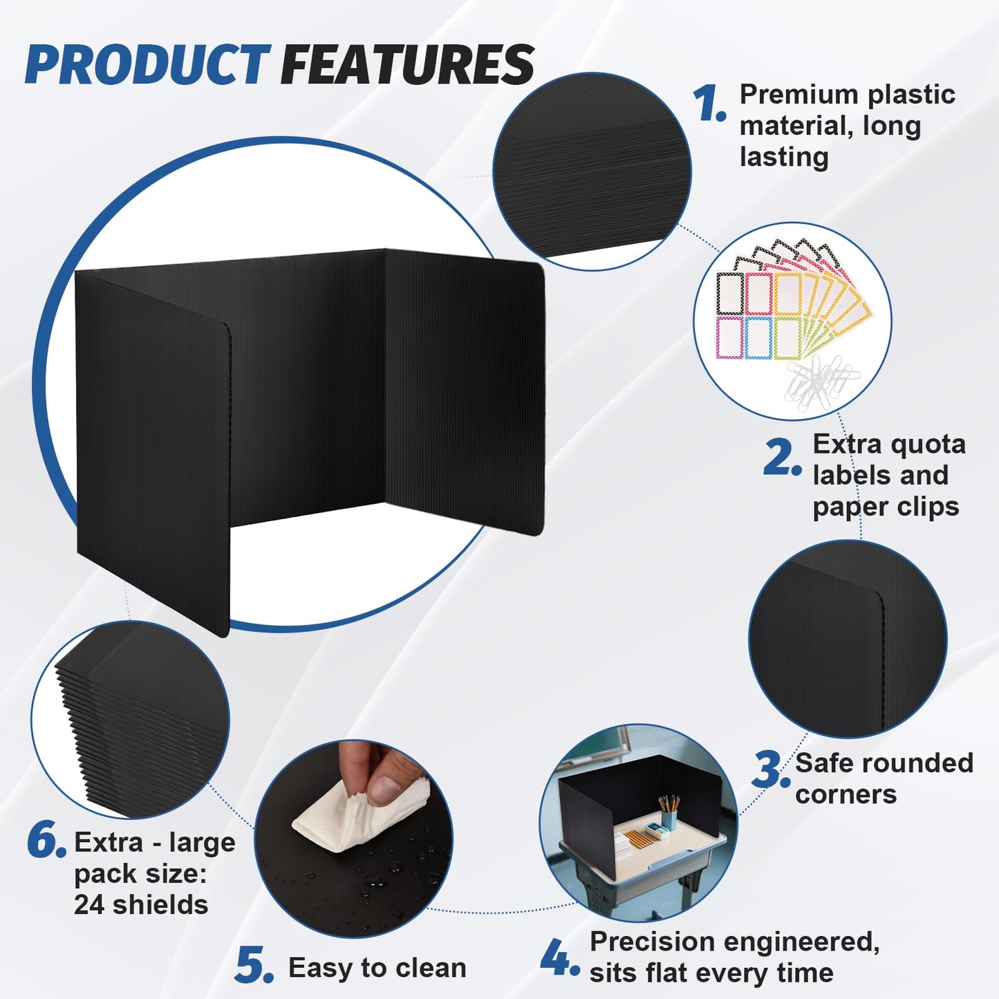 ZYINOZOC 24 Pack Desk Dividers for Students,3-Fold Privacy Screens,Testing Dividers for Classroom Waterproof,Plastic Easy Clean Privacy Shields for Student Includes Extra Labels