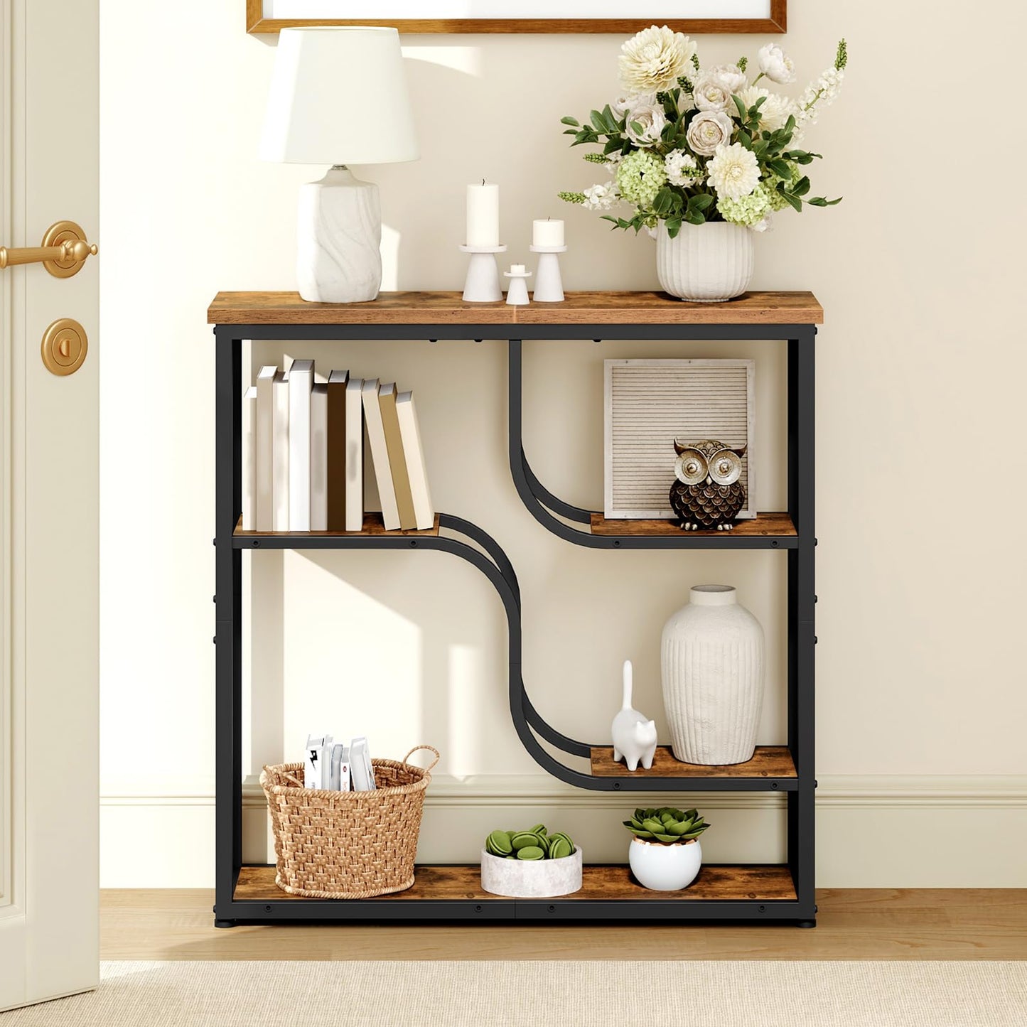 HOOBRO 29.5" Console Table, 5-Tier Narrow Entryway Table, Behind Couch Table with Storage Shelves, Sofa Table for Hallway, Living Rooms, Entryway, Rustic Brown and Black BF69XG01