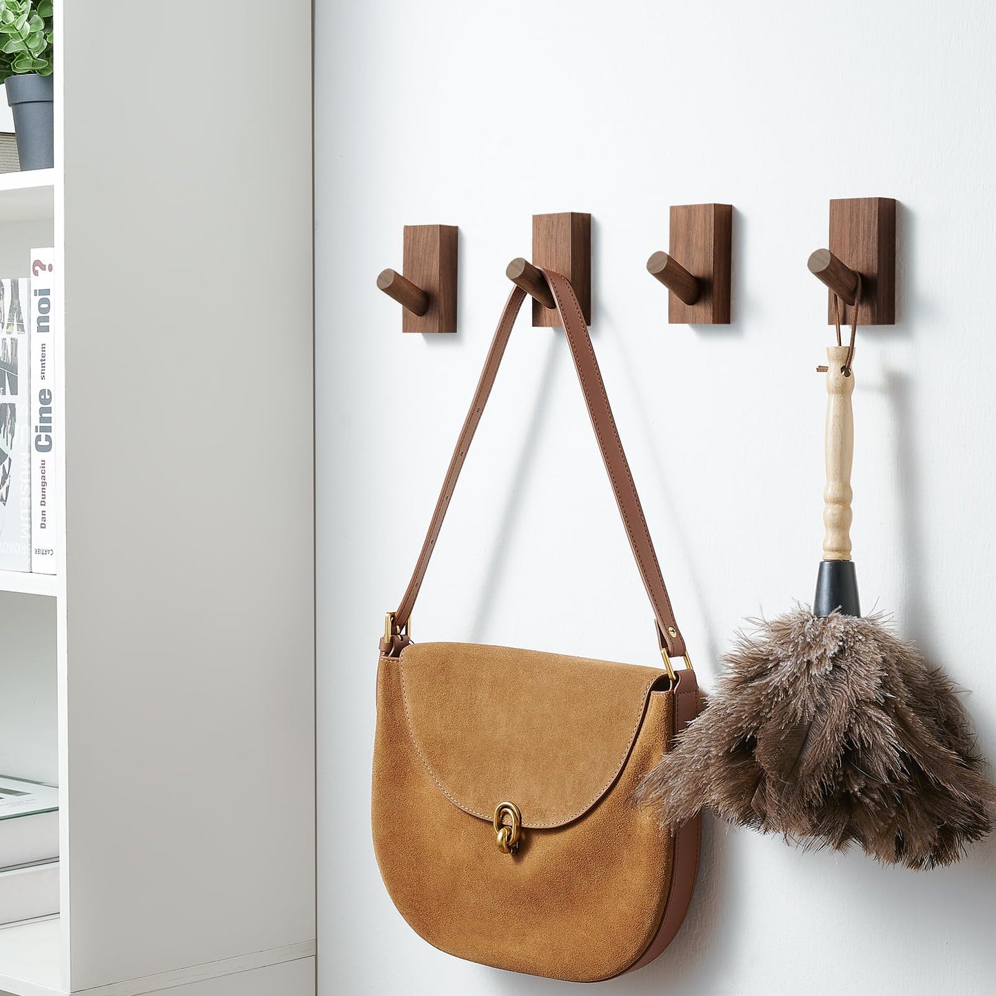 Felidio Natural Wooden Wall Hooks, Adhesive & Screw Mount Coat and Towel Hooks - Decorative Key Holder, Hat Rack, Stocking Wall Hangers for Bathroom Entryway Closet - 6 Pack, Walnut Wood