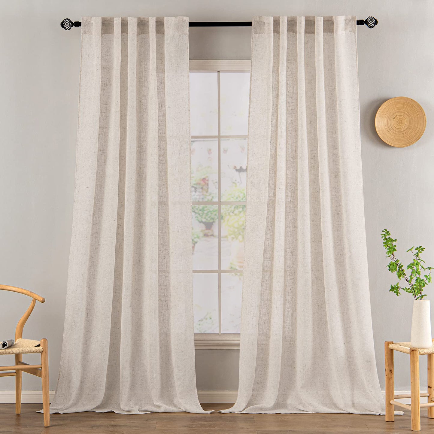 MIULEE Natural White Linen Curtains 96 Inch Long 2 Panels for Bedroom Living Room, Soft Thick Linen Textured Window Drapes Semi Sheer Light Filtering Rod Pocket Back Tab Neutral Farmhouse Cream Ivory