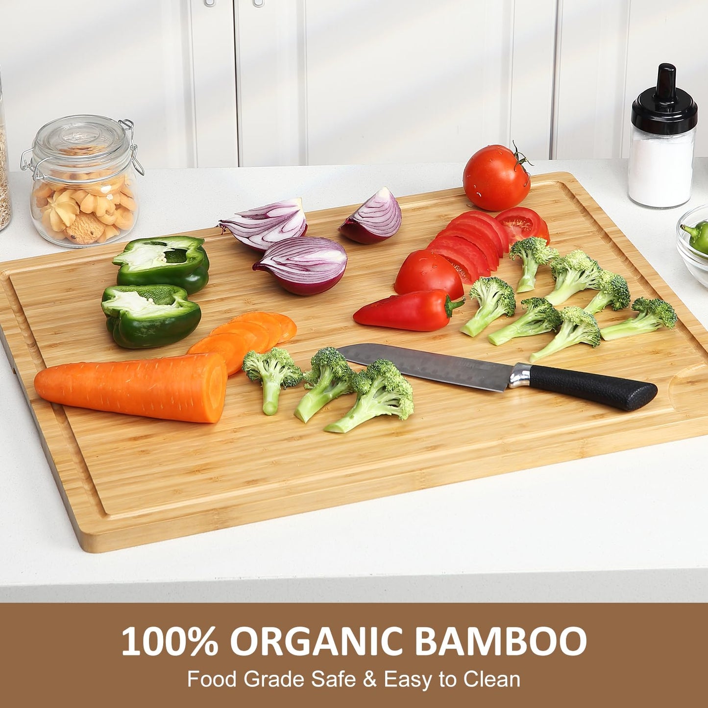 24" Large Bamboo Cutting Boards for Kitchen, Wood Stovetop Cover, Extra Large Wood Cutting Board with Deep Juice Groove and Handle, Heavy Duty Chopping board