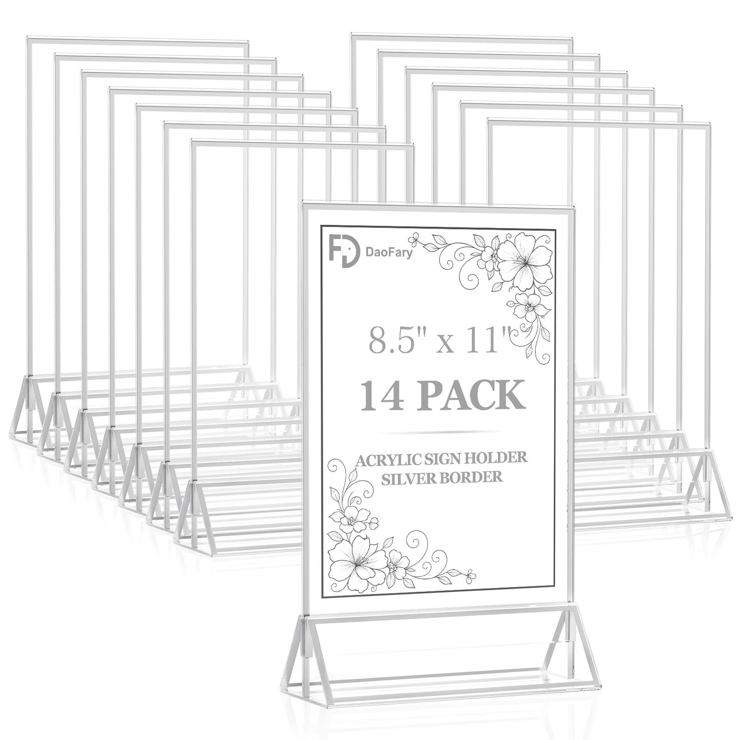 Daofary Acrylic Sign Holder 8.5x11, 14 Pack Double Sided Silver Picture Frame Stand up Table Top Sign Holders, Clear Display Stand Menu Flyer Holder for Wedding Party