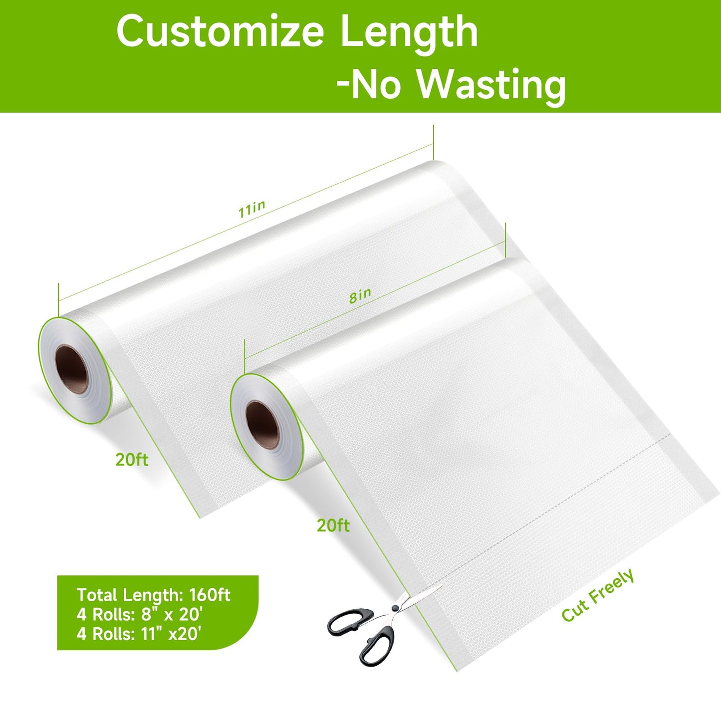 Vixino Vacuum Sealer Bags for Food, 8 Pack 4 Rolls 11" x 20' + 4 Rolls 8" x 20' Commercial Grade Vacuum Seal Bags Rolls, BPA Free, Customizable Size for Sous Vide, Freezer