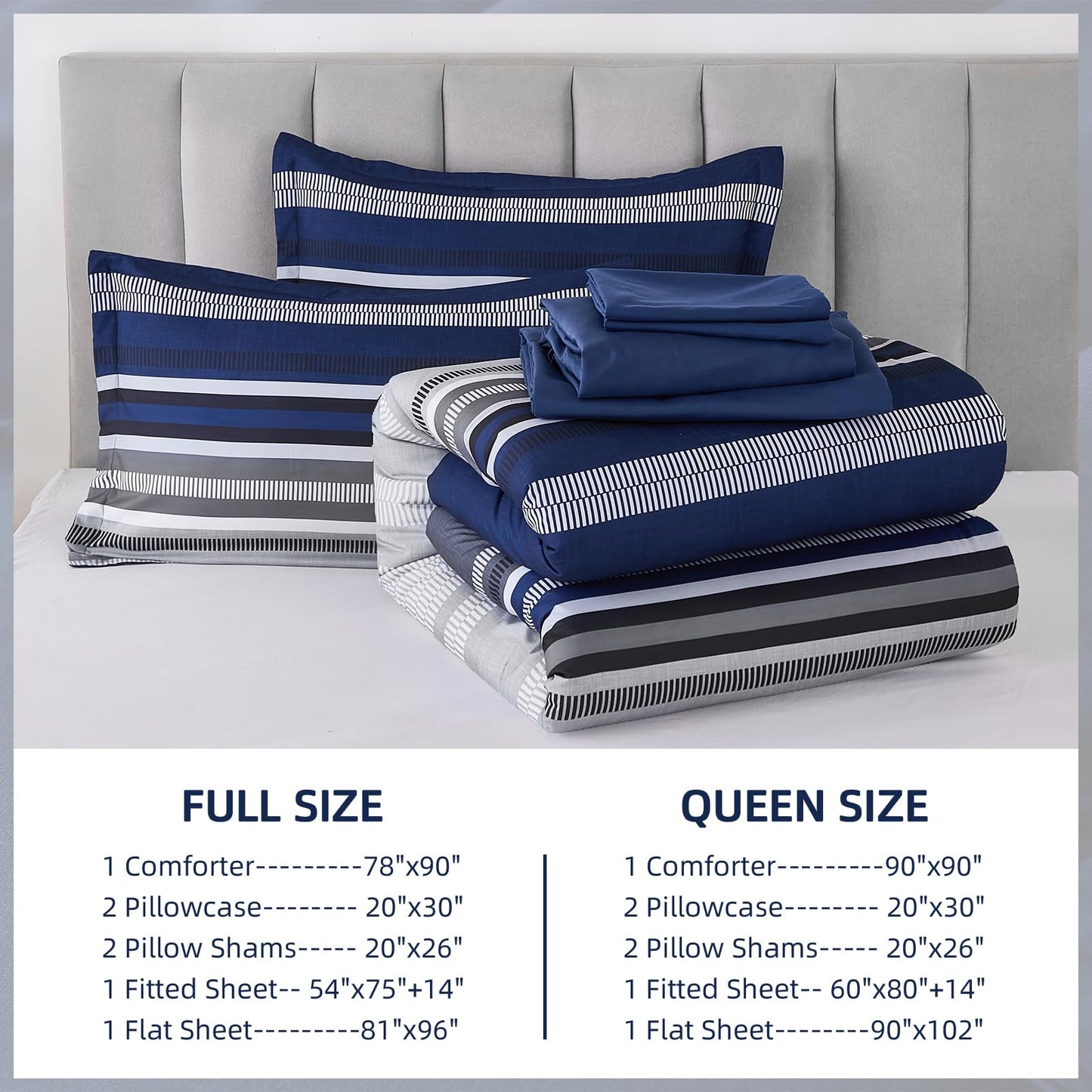 Dobuyly Navy Blue Comforter Full Size Set 7 Pieces, Boho Striped Bed in a Bag Full Soft Microfiber All Season Bedding Set with Comforter, Sheets, Pillowcases & Shams