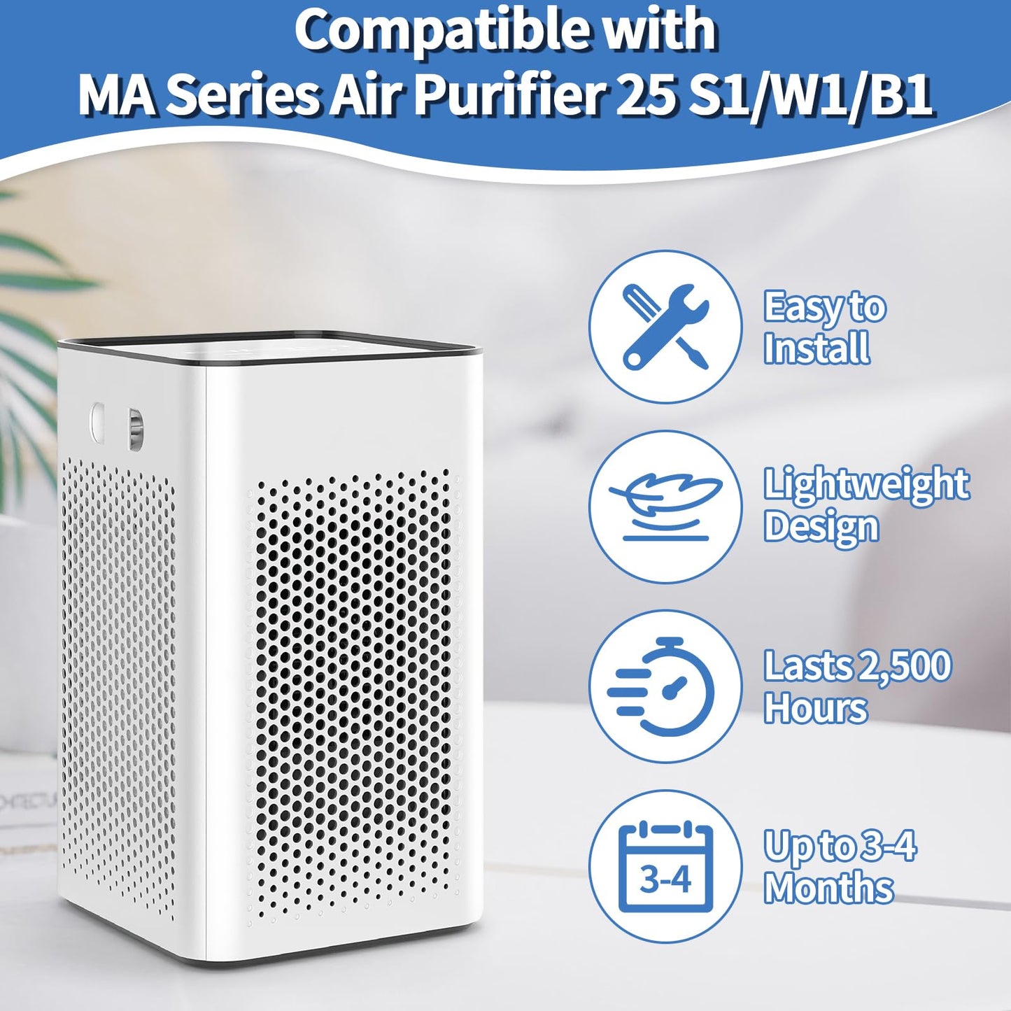 MA-25 Replacement Filter for modify air Purifier Filter Replacement MA-25 S1/W1/B1 Series Filters Purifier H13 TRUE HEPA and Activated Carbon Filter 3 in 1 of Pre-Filter 4-Pack Filters