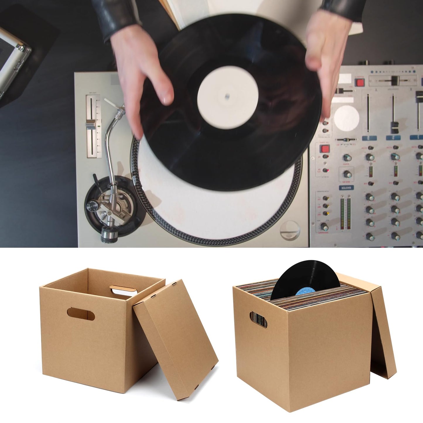 DIICCYO 5 Pcs 12'' Cardboard Vinyl Record Storage Box, Moving Box with Double Thickness Handles and Lids Record Album Storage Crate, Cardboard Crate for Album Vinyl Storage
