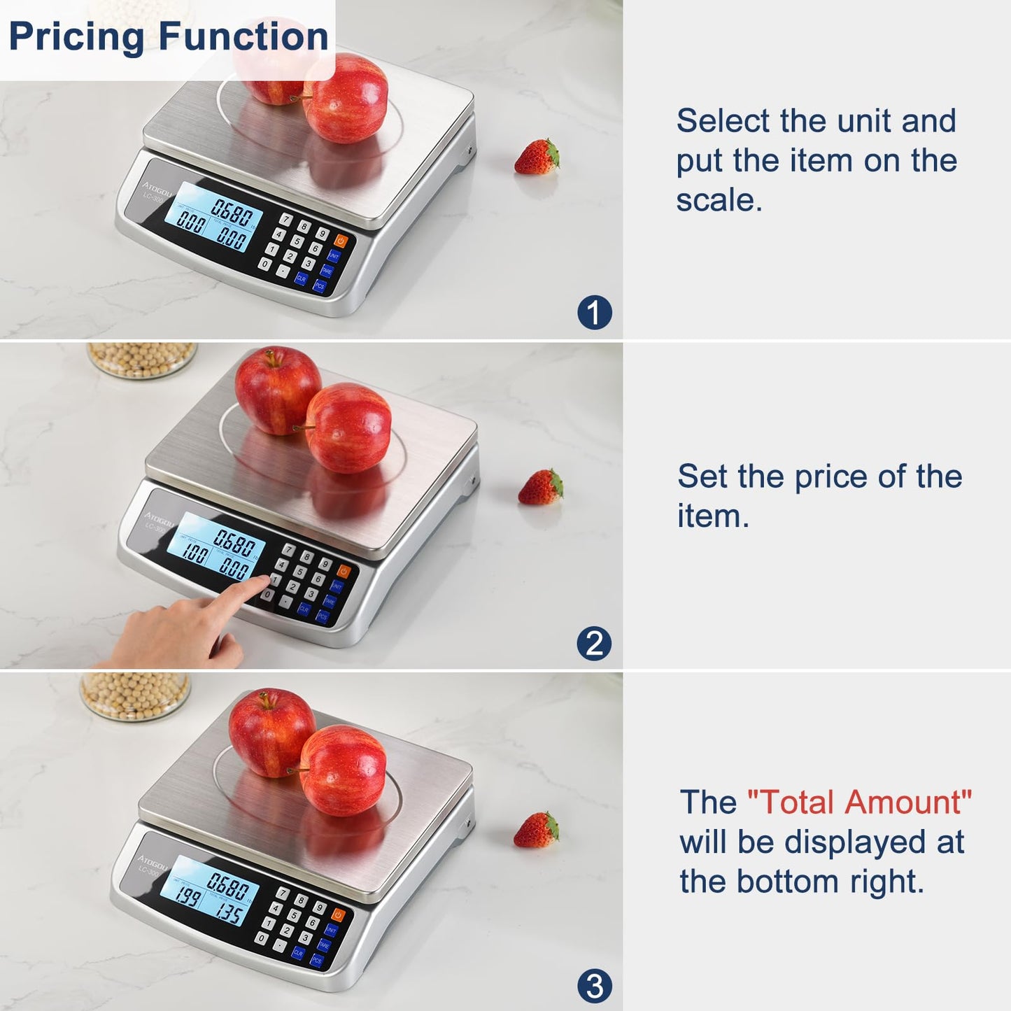 110lb Food Scale, Commercial Kitchen Scale with Price Computing, Plug-in Usable, 0.05oz/1g, 304 Stainless Steel, for Cooking, Vegetables, Farm, Industry, Counting. LC300 Silver