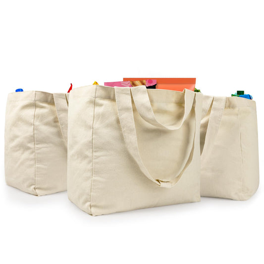VitaSerena Canvas Grocery Bags with Dual Handles(3pc XL), Large Reusable Shopping Bags for Groceries, Inner Pockets, Washable, Shrink Resistant, Heavy Duty, Foldable