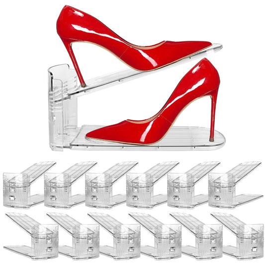 12 Pack Clear Shoe Slots Organizer - Adjustable Height 3.7''to 7.7'' Shoe stackers for a pair of shoes ,Shoe rack storage shoe space saver 50%,Easy to assemble shoe hold shoe organizer for cloest