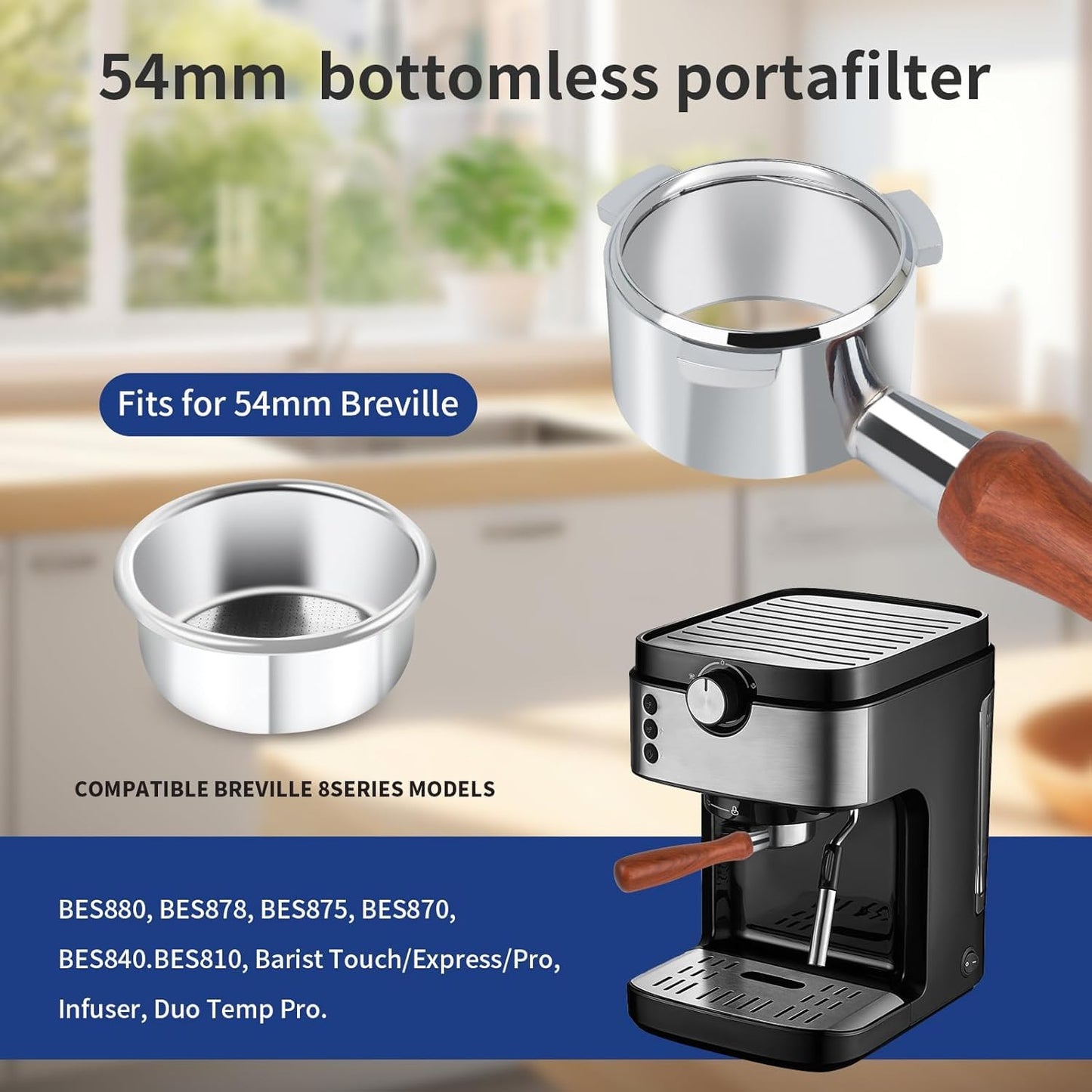 54mm 3 Ear Bottomless Portafilter for Breville BES870/878/880/876/840/820 Series Espresso Machines - Rosewood Handle with 304 Stainless Steel Filter Basket