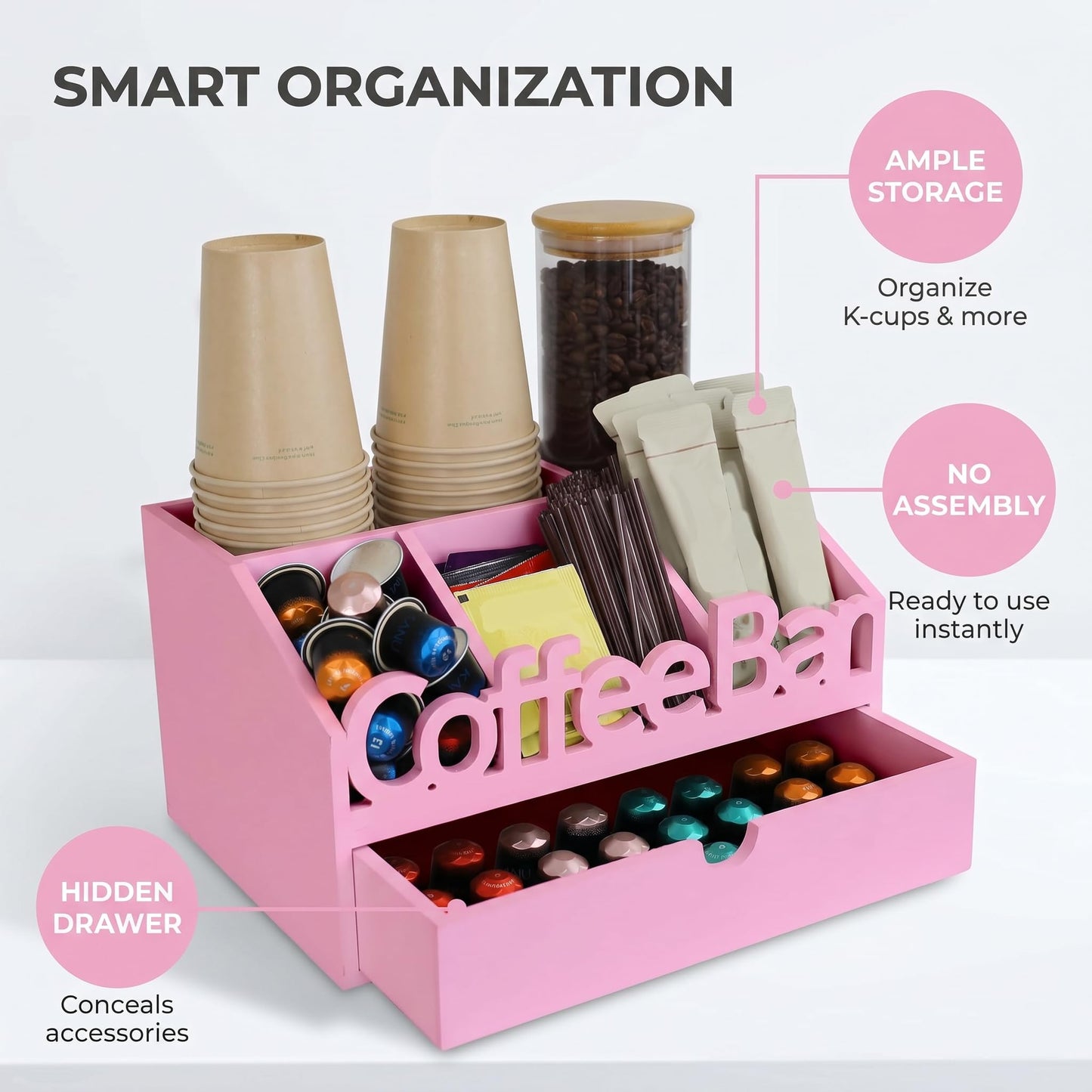 ADDFIT HOUSE Coffee Bar Organizer for Countertop – Wooden Coffee Station, Tea and K Cup, Condiment Storage Rack, Coffee Pod Holder for Home and Office Counter Organization (Drawer - Pink)
