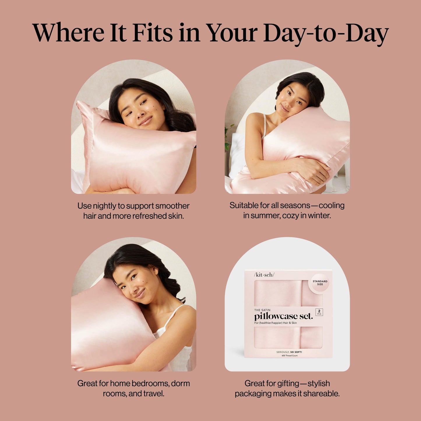 Kitsch Satin Pillowcase with Zipper for Hair & Skin - Softer Than Silk Pillow Cases, Smooth Cooling Satin Pillow Case, Wrinkle-Free, Machine Washable - Pillow Cases Standard Size 19x26 - Blush, 2pcs