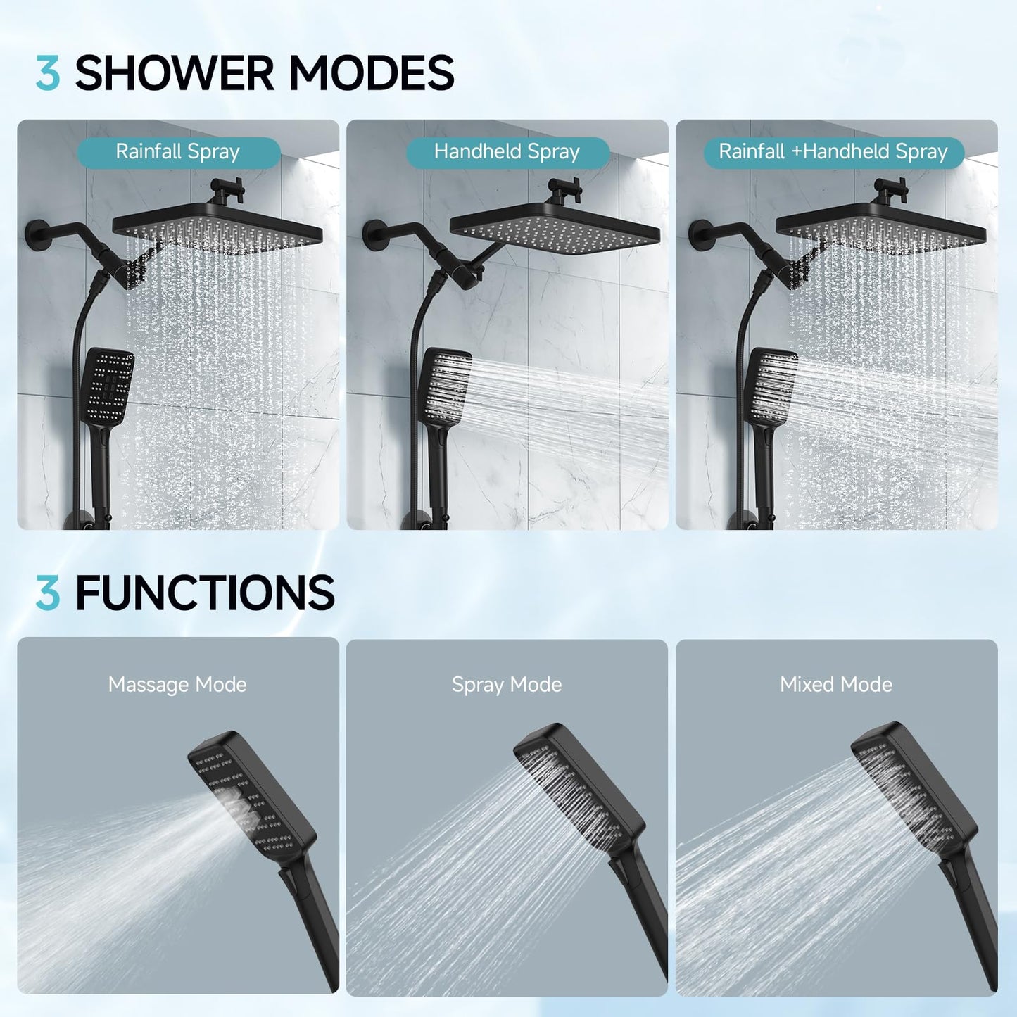 Rain Shower Head with Handheld Spray Combo Set, Adjustable 12" Rainfall Dual Shower Head, Double&Tandem Shower Head, Waterfall Showerhead Bathroom -Matte Black