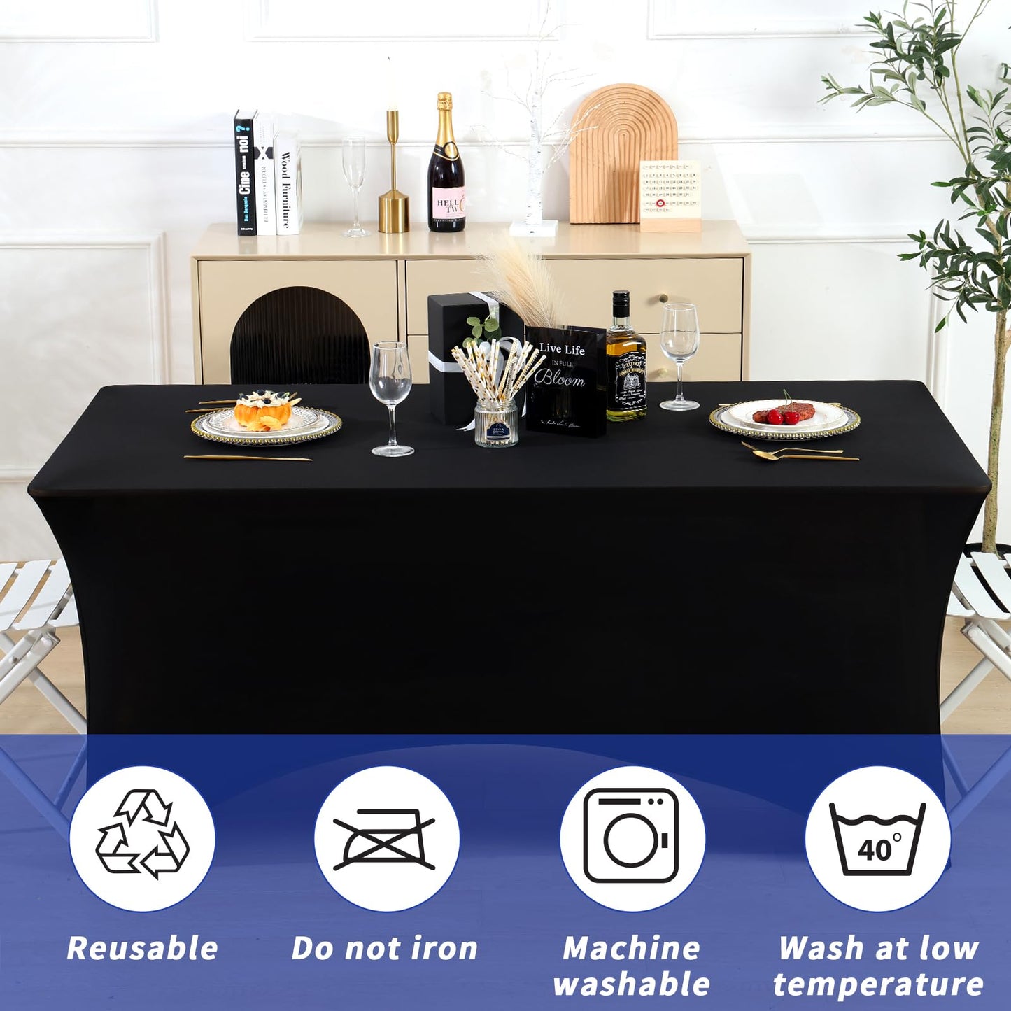Fixwal 3 Pack Black Tablecloth Rectangle 8Ft, Stretch Spandex Fitted Table Cover for Party, Trade Show, Wedding, Buffet, Graduation, Vendor Stand