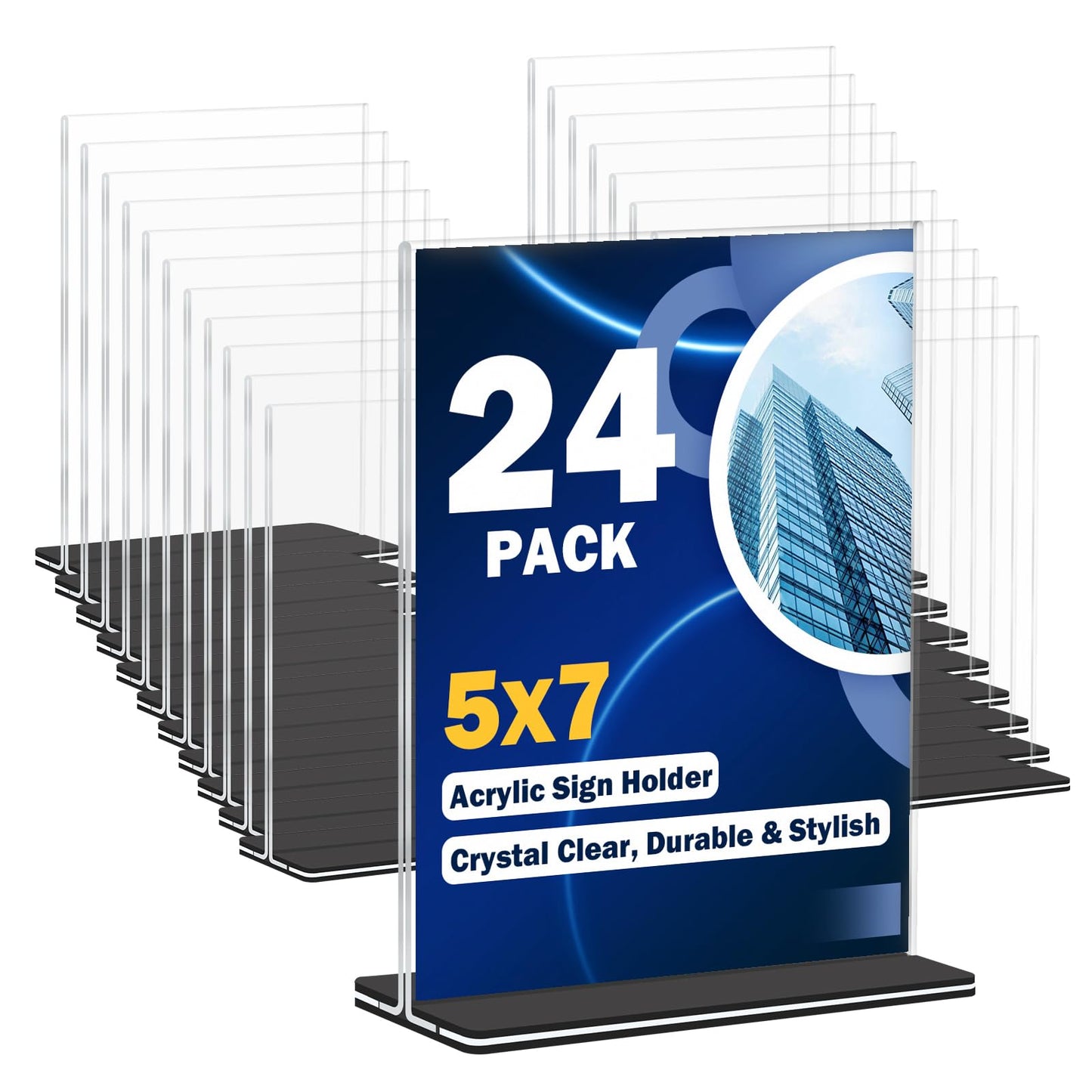 Succwoah Acrylic Sign Holder 5 x 7, 24 Pack Clear Double-Sided Acrylic Display Stand for Vertical Tabletop Use, Perfect for Menus, Flyers, and Paper in Restaurants, Hotels, Office