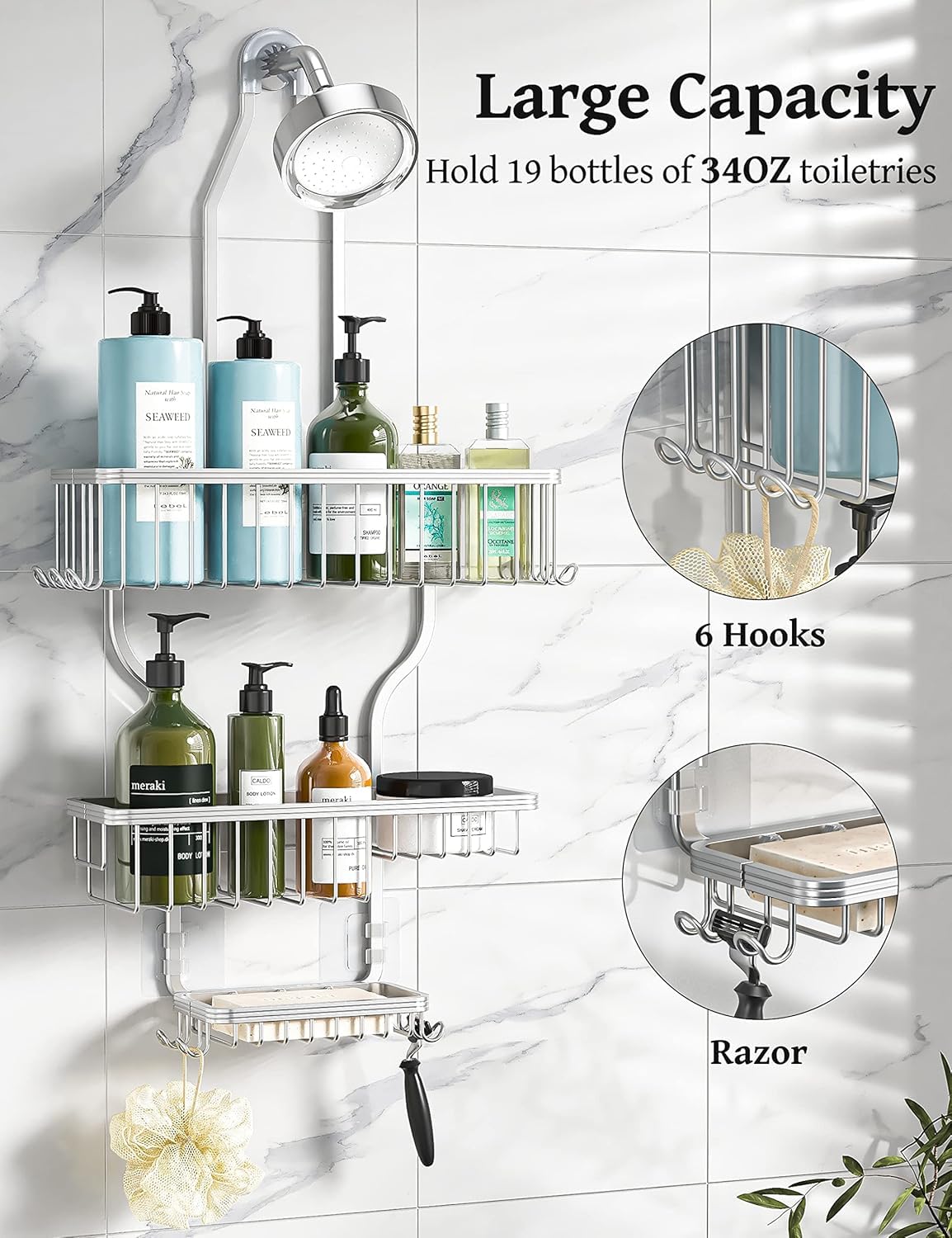YASONIC Never-Rust Aluminum Hanging Shower Caddy – Over-the-Showerhead Organizer with 10 Hooks for Razor and Sponge – Includes Soap Basket – Silver