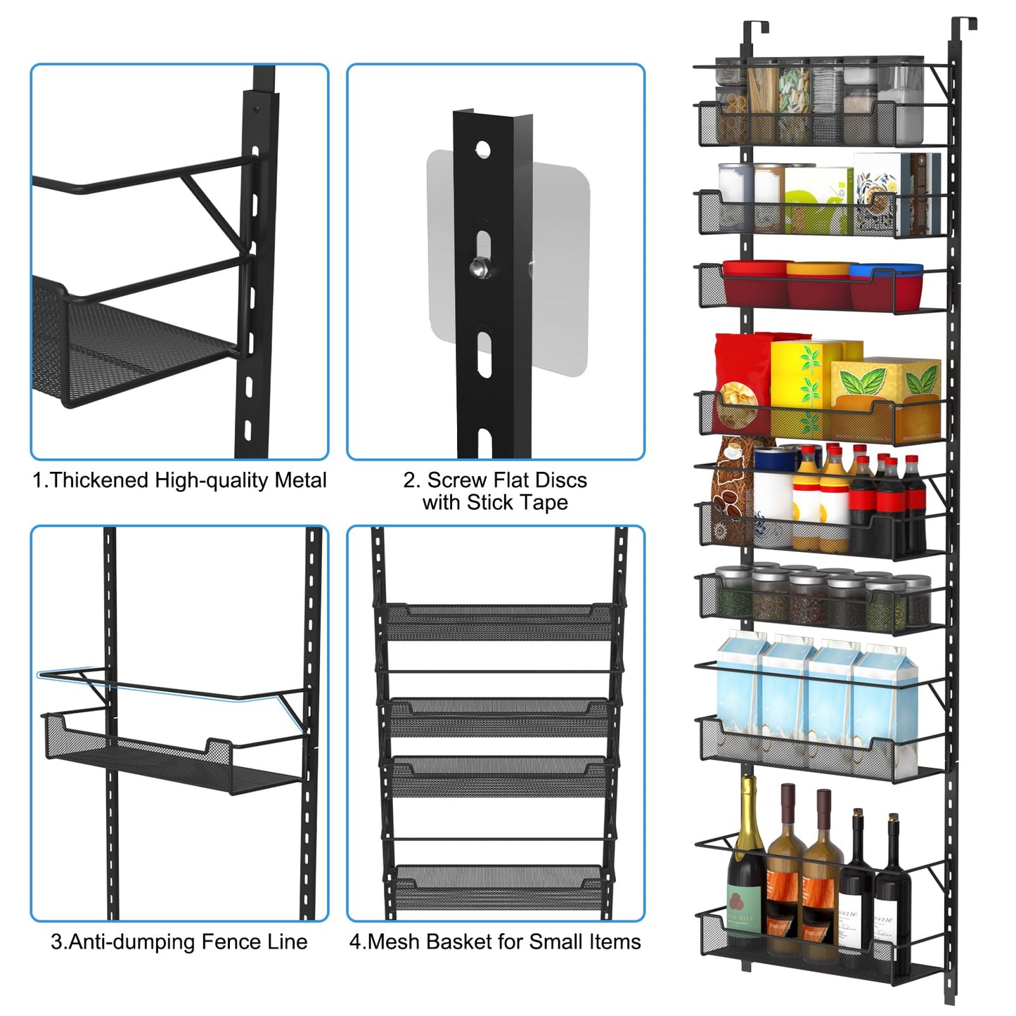 VyGrow Over the Door Pantry Organizer, 8-Tier Over the Door Organizer with Adjustable Basket, Pantry Door Organization for Pantry Kitchen Storage Room Spice Rack, Black