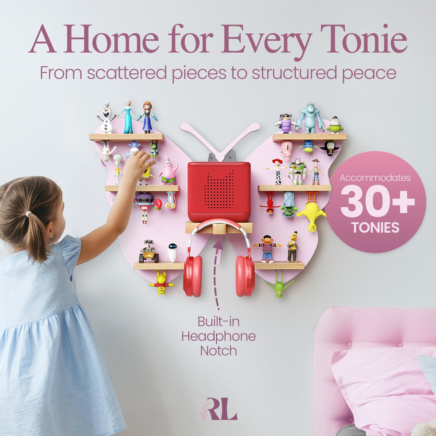 Rylo Collective Tonies Storage Shelf - 30+ Capacity Tonies Shelf Magnetic with Top and Upside Down Magnet Floating Station - Tonie Box Storage for Accessories, Toniebox Character Holder (Butterfly)