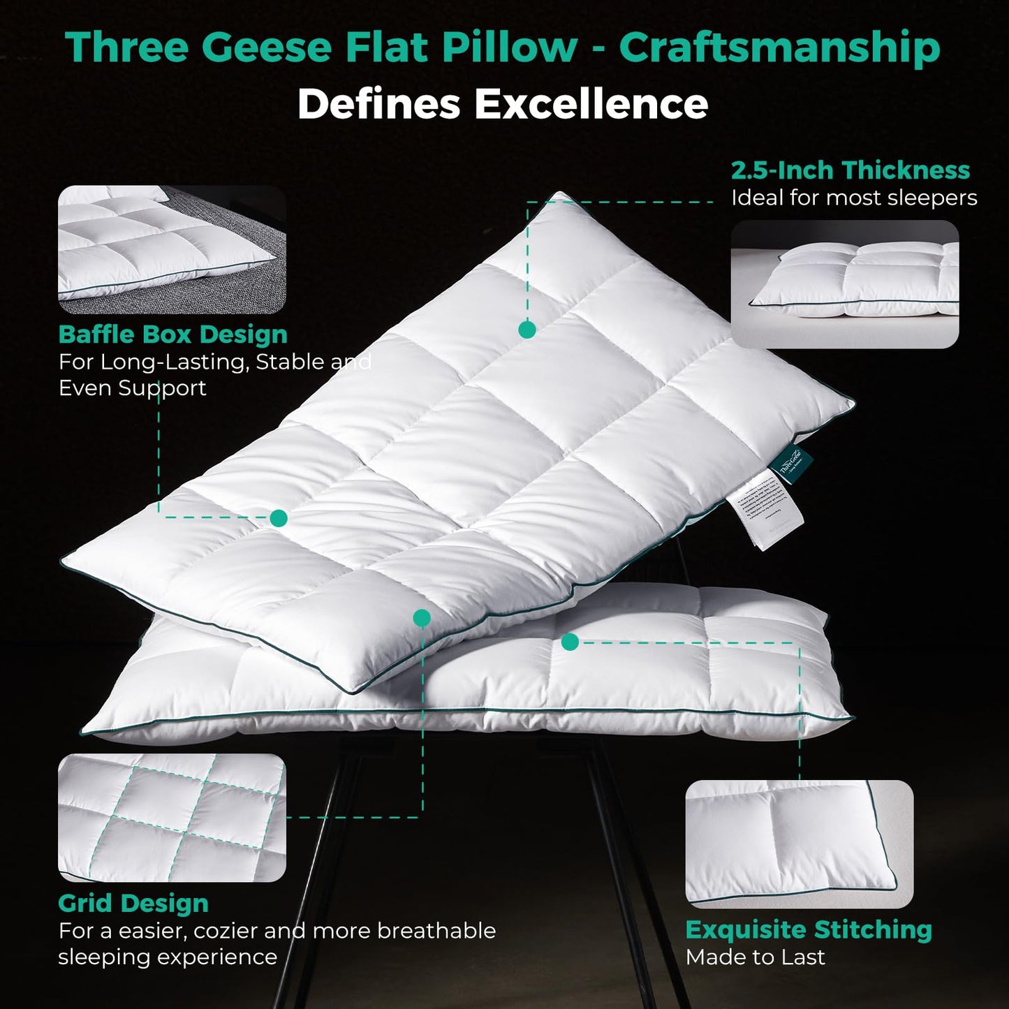 Three Geese Ultra Thin Flat Goose Down Feather Pillows for Sleeping Standard Size, 2.5" Height, 100% Cotton Cover, Ultra Slim Hotel Collection Bed Pillow for Stomach, Back Sleeper, 18x26 in.