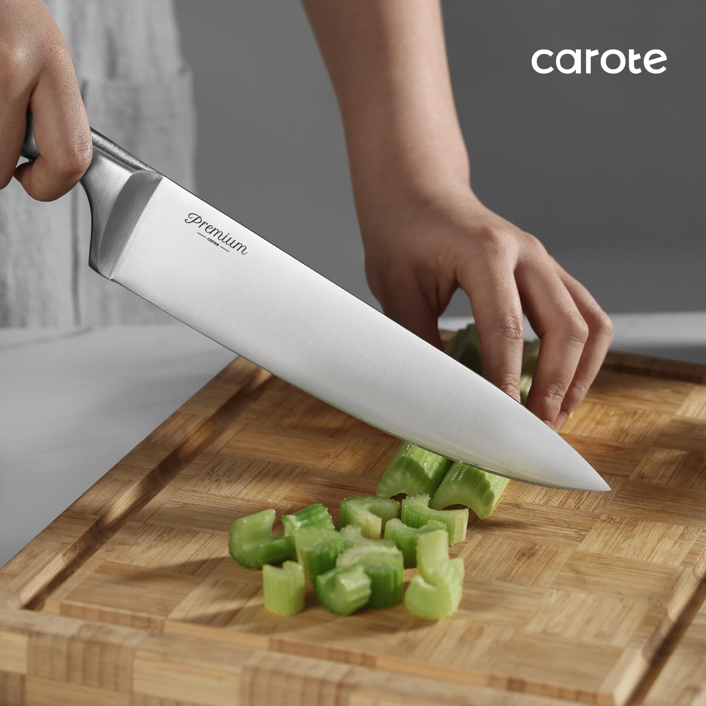 CAROTE 12-Piece Knife Set, All-Stainless Steel Knife Block Set, Kitchen Knives with Wooden Block, Razor-Sharp and Ergonomic, Easy Cleaning