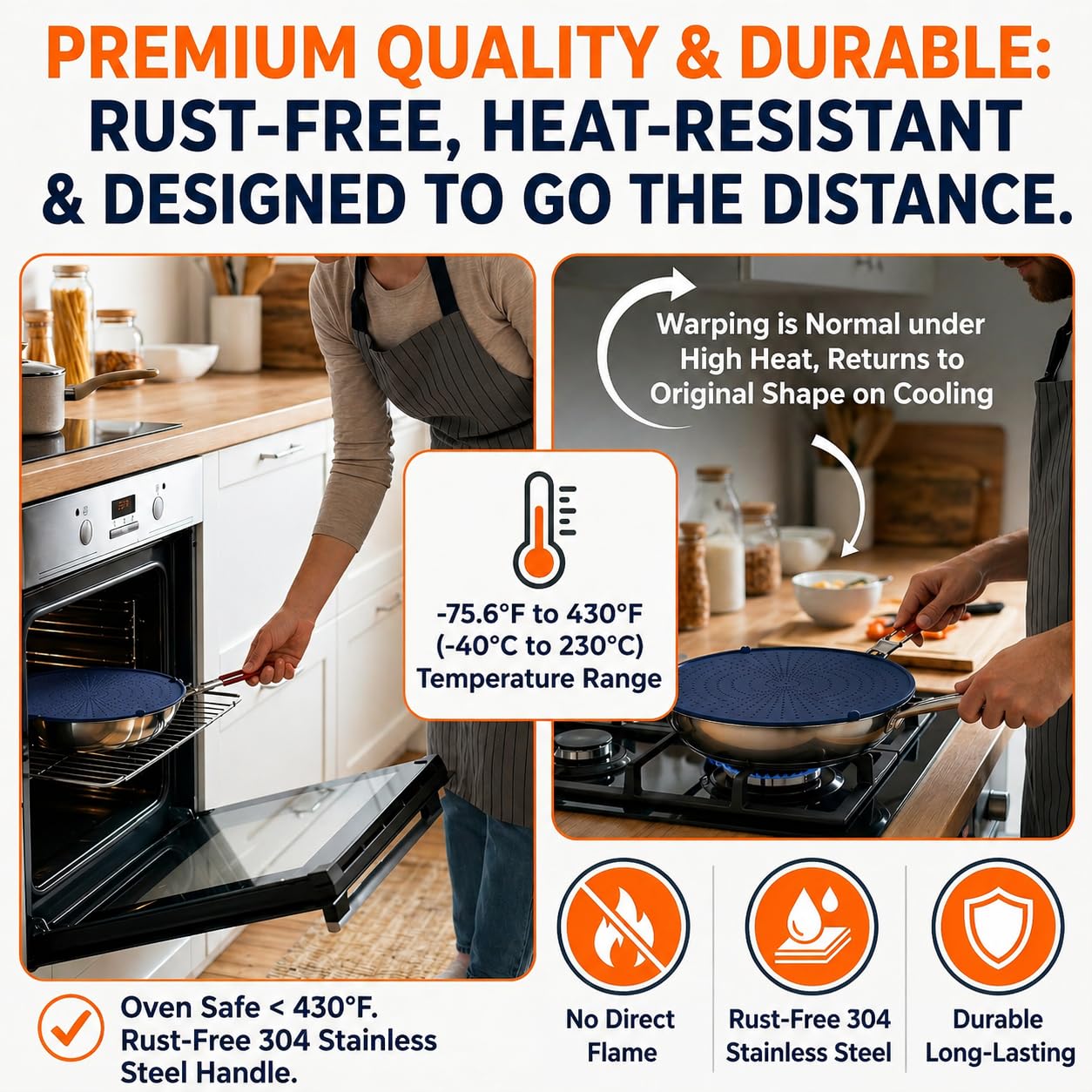 Silicone Splatter Screen for Frying Pan, 13” Navy – Grease & Oil Splatter Guard, Heat Resistant, Dishwasher Safe, Foldable Handle with Sleeves – Splash Guard Fits 10–12” Pans, Most 13” Skillets