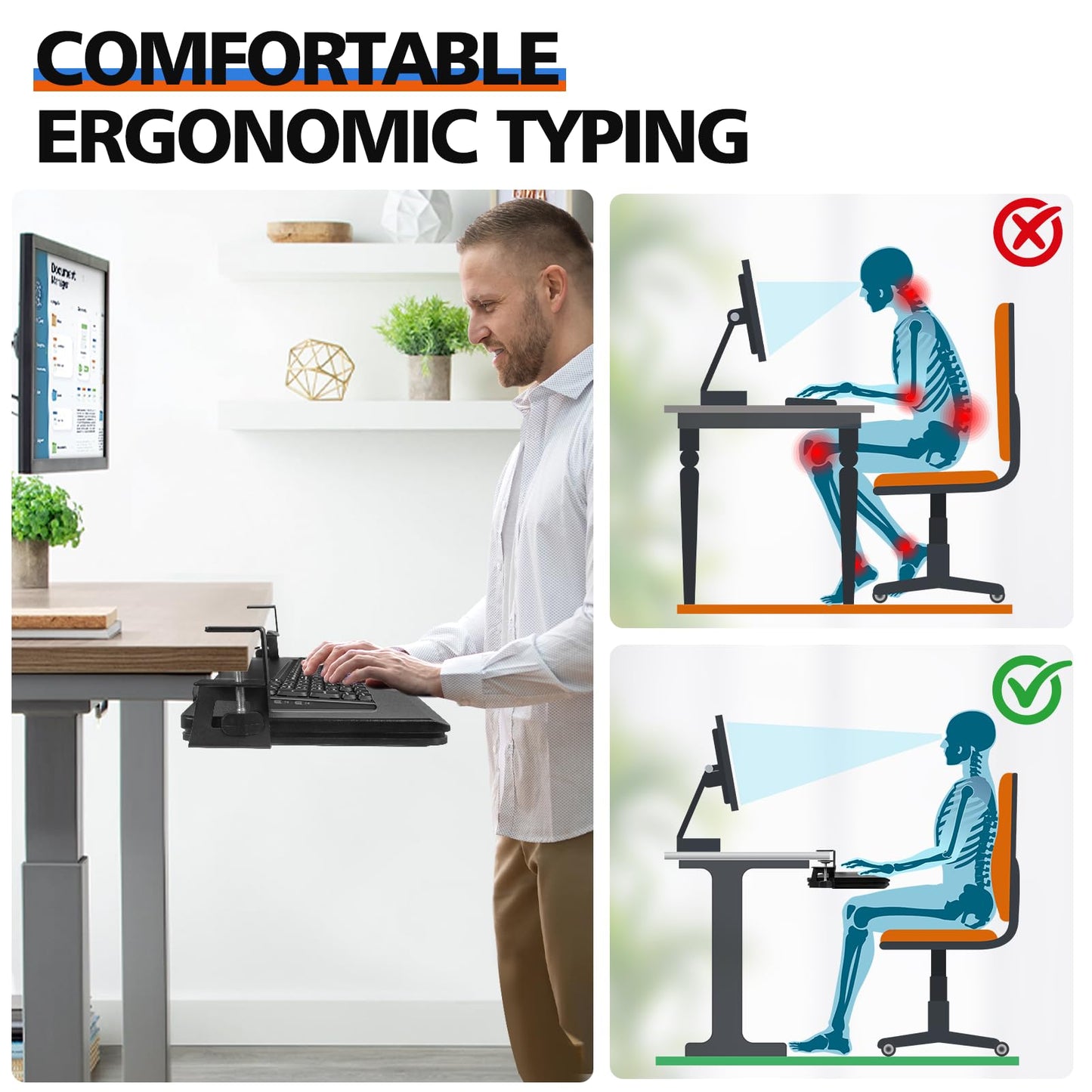 OUKMIC Large Keyboard Tray Under Desk Slide Out with Sturdy C-Clamp Mount and Storage Drawer, 27" (31" Including Clamps) x 12" Ergonomic Keyboard Trays for Home and Office, Black
