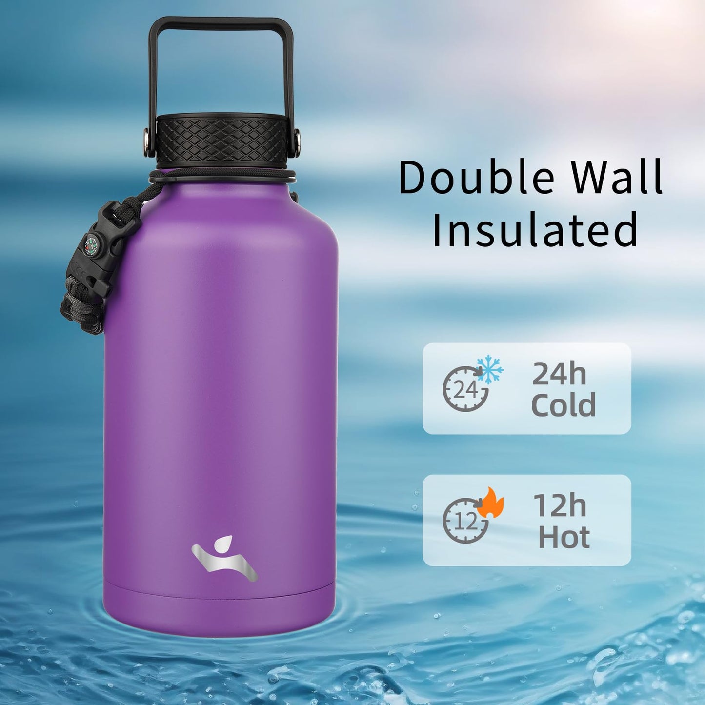 Konokyo Half Gallon Insulated Water Bottle with Straw,64 oz 3 Lids Water Jug with Carrying Bag,Paracord Handle,Double Wall Vacuum Stainless Steel Metal Flask,Purple